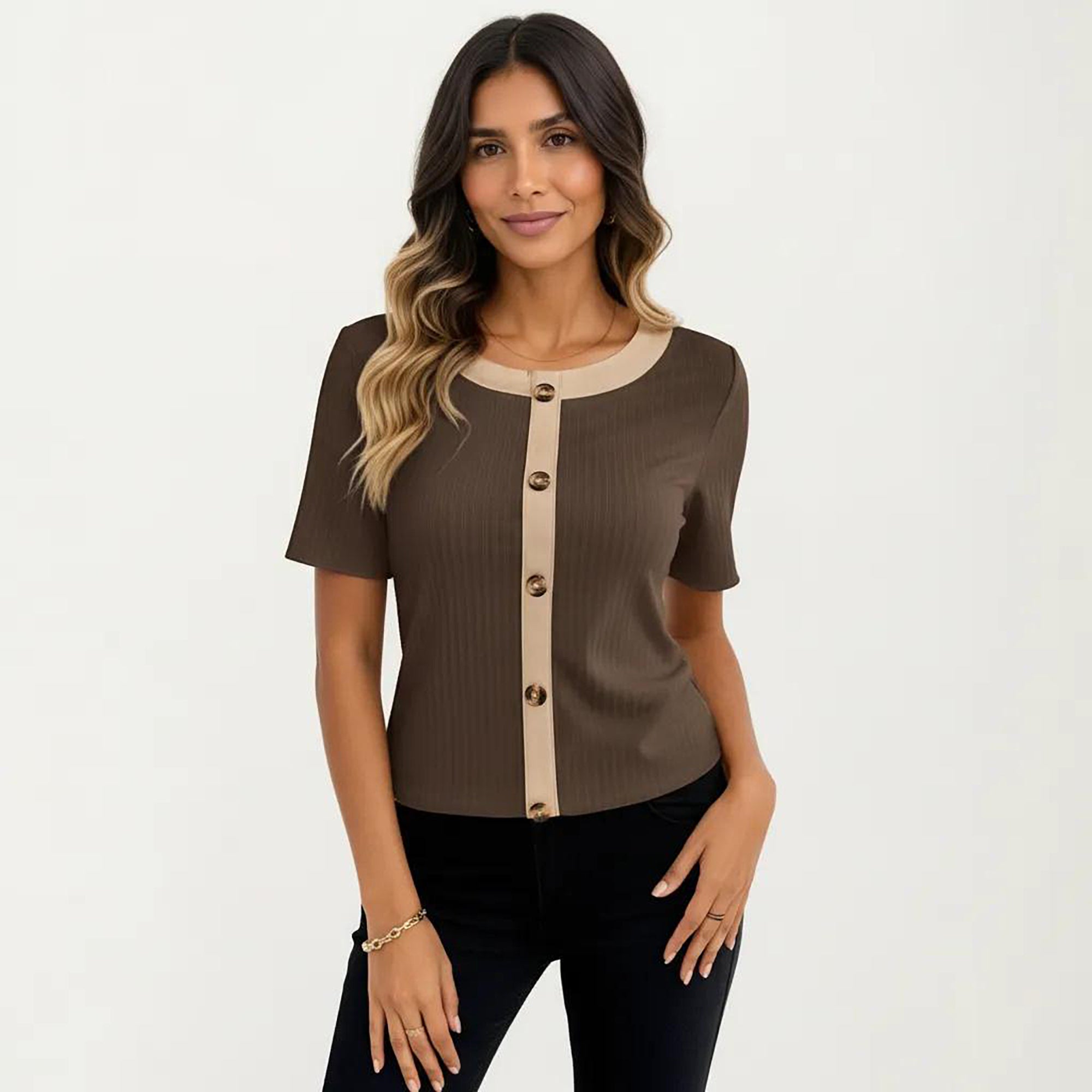 Anna-Kaci Women's Short Sleeve Ribbed Knit Top with Contrast Trim Button Front and Rounded Neckline