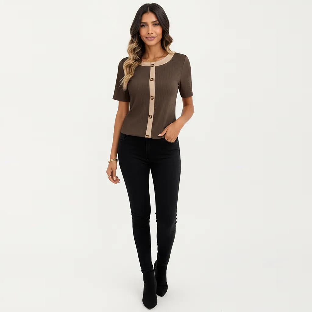 Anna-Kaci Women's Short Sleeve Ribbed Knit Top with Contrast Trim Button Front and Rounded Neckline