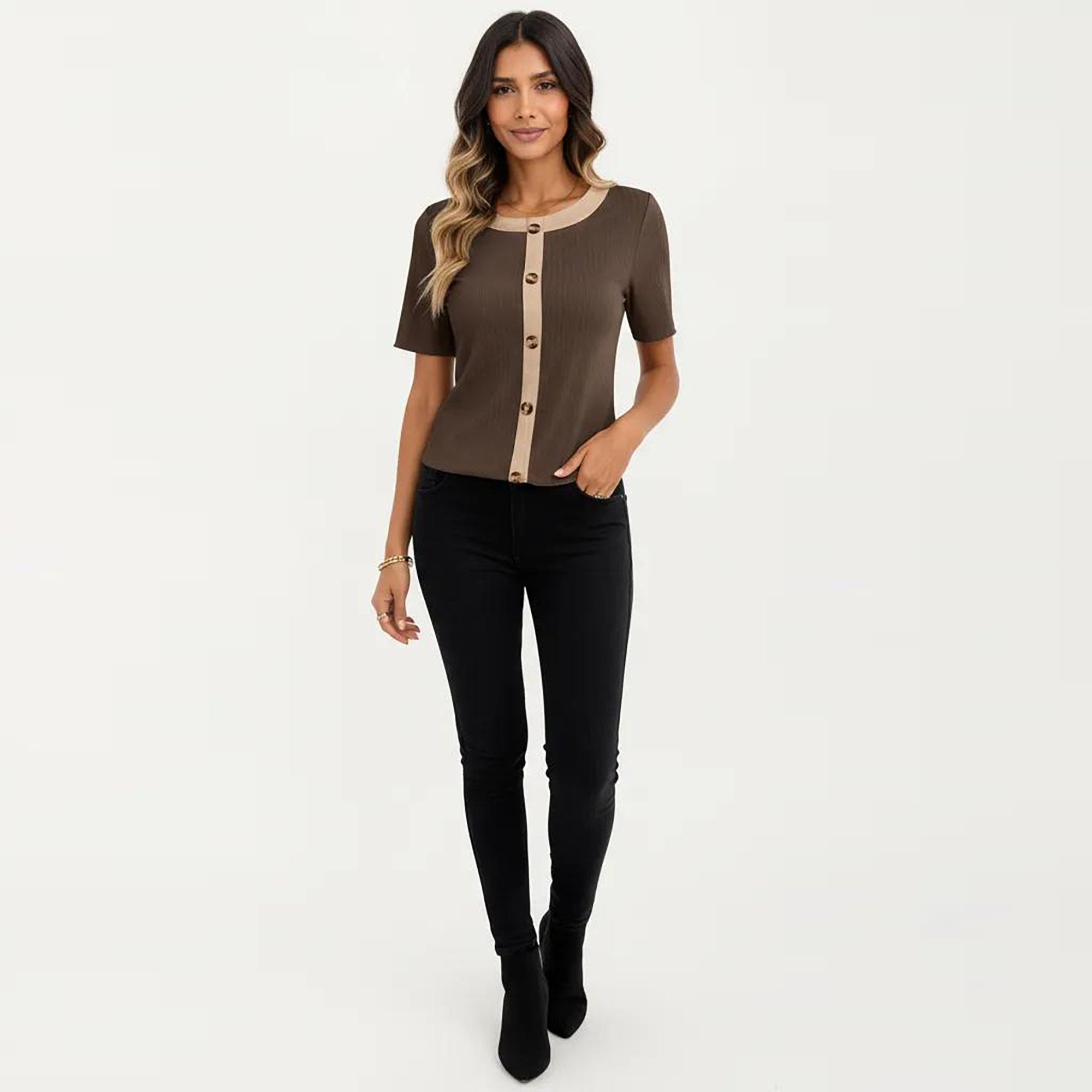 Anna-Kaci Women's Short Sleeve Ribbed Knit Top with Contrast Trim Button Front and Rounded Neckline