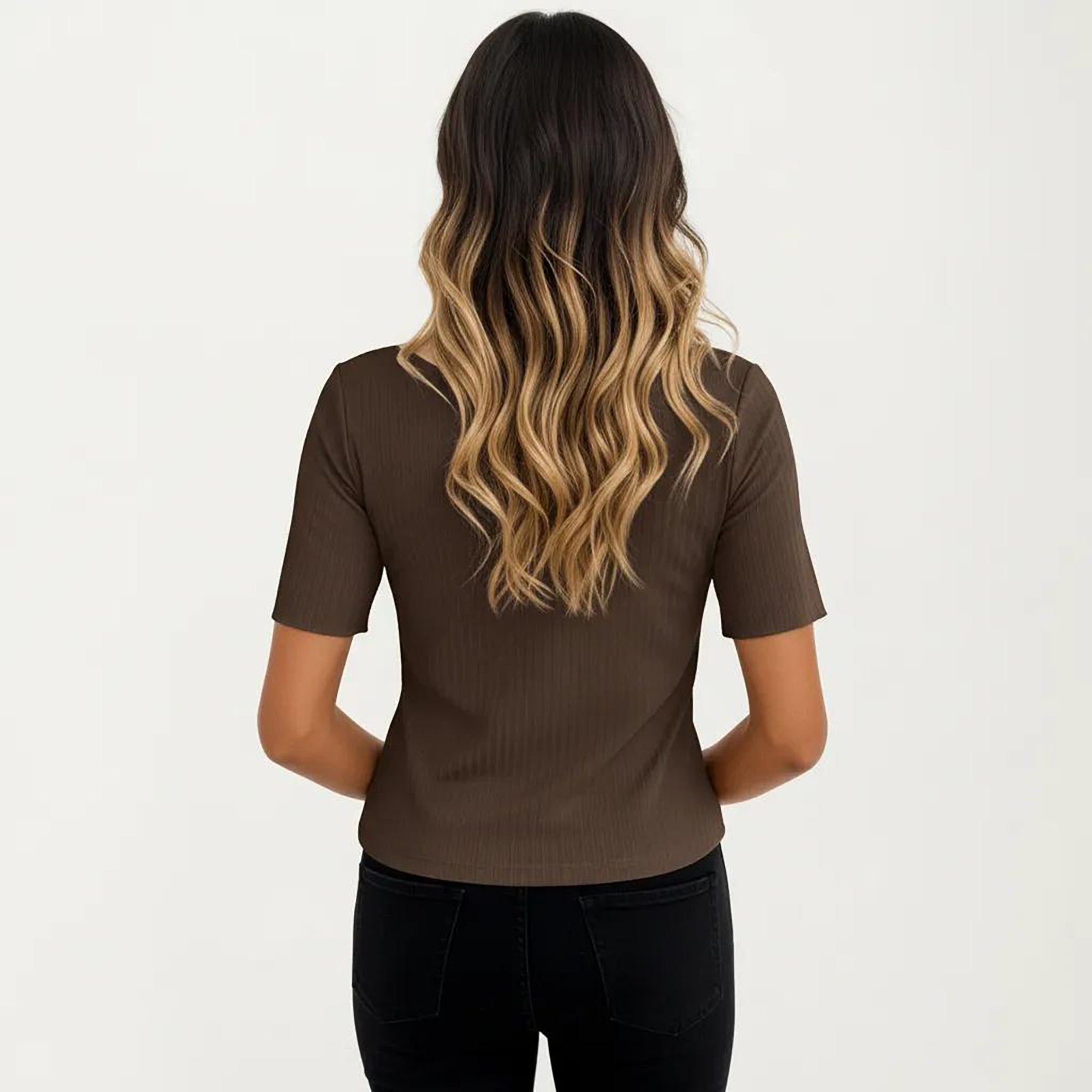 Anna-Kaci Women's Short Sleeve Ribbed Knit Top with Contrast Trim Button Front and Rounded Neckline