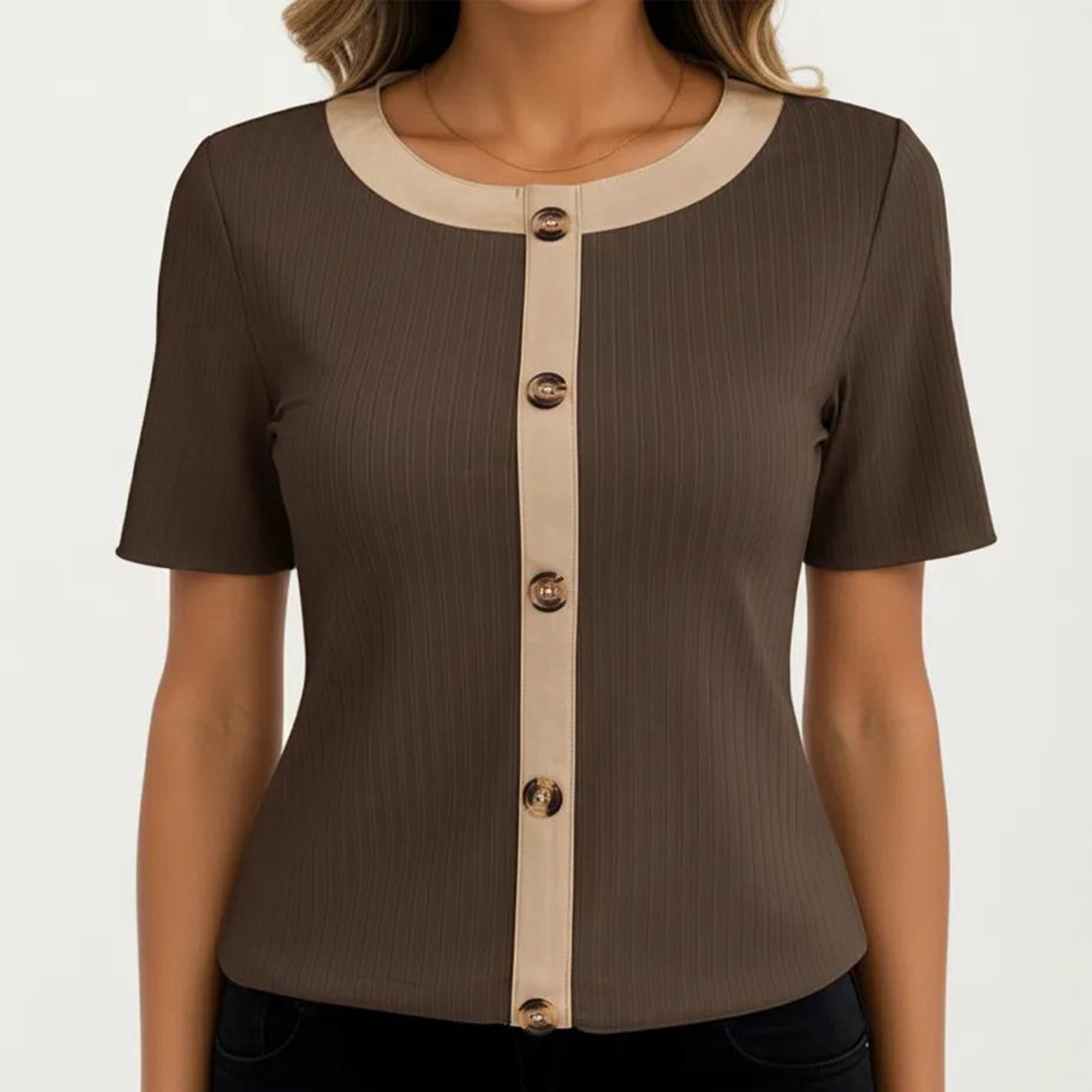 Anna-Kaci Women's Short Sleeve Ribbed Knit Top with Contrast Trim Button Front and Rounded Neckline