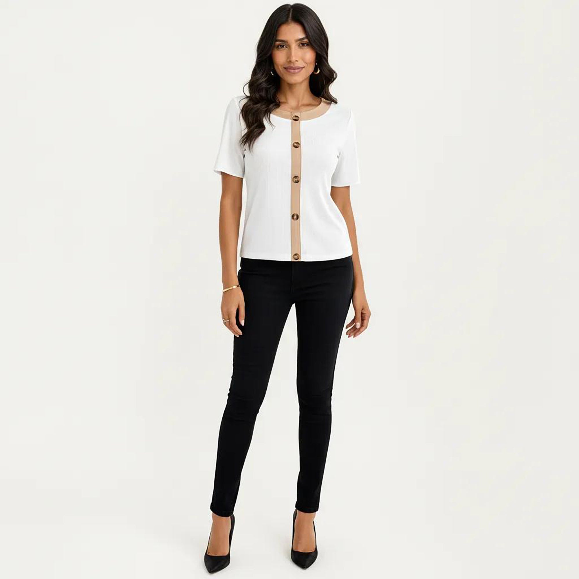 Anna-Kaci Women's Short Sleeve Ribbed Knit Top with Contrast Trim Button Front and Rounded Neckline