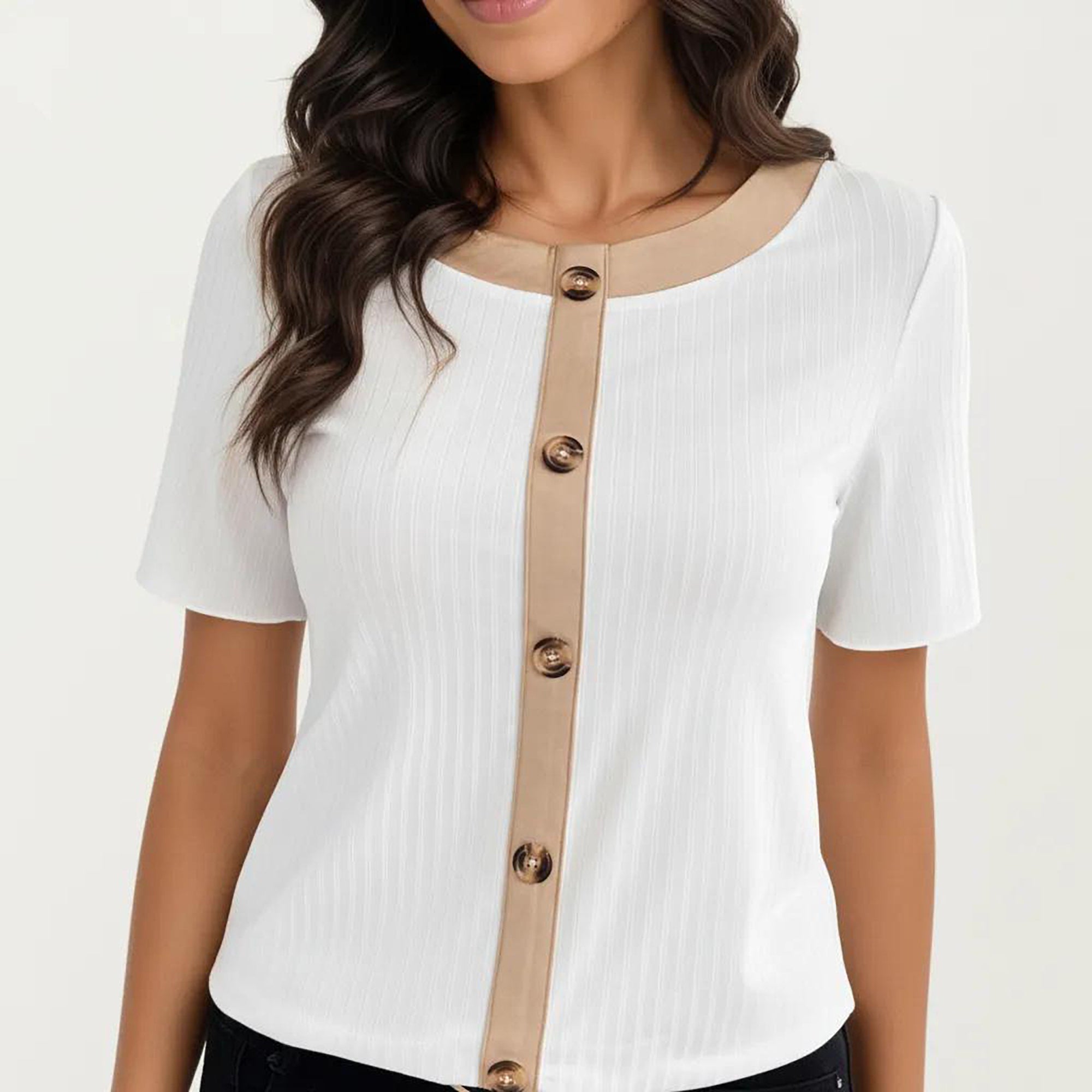 Anna-Kaci Women's Short Sleeve Ribbed Knit Top with Contrast Trim Button Front and Rounded Neckline