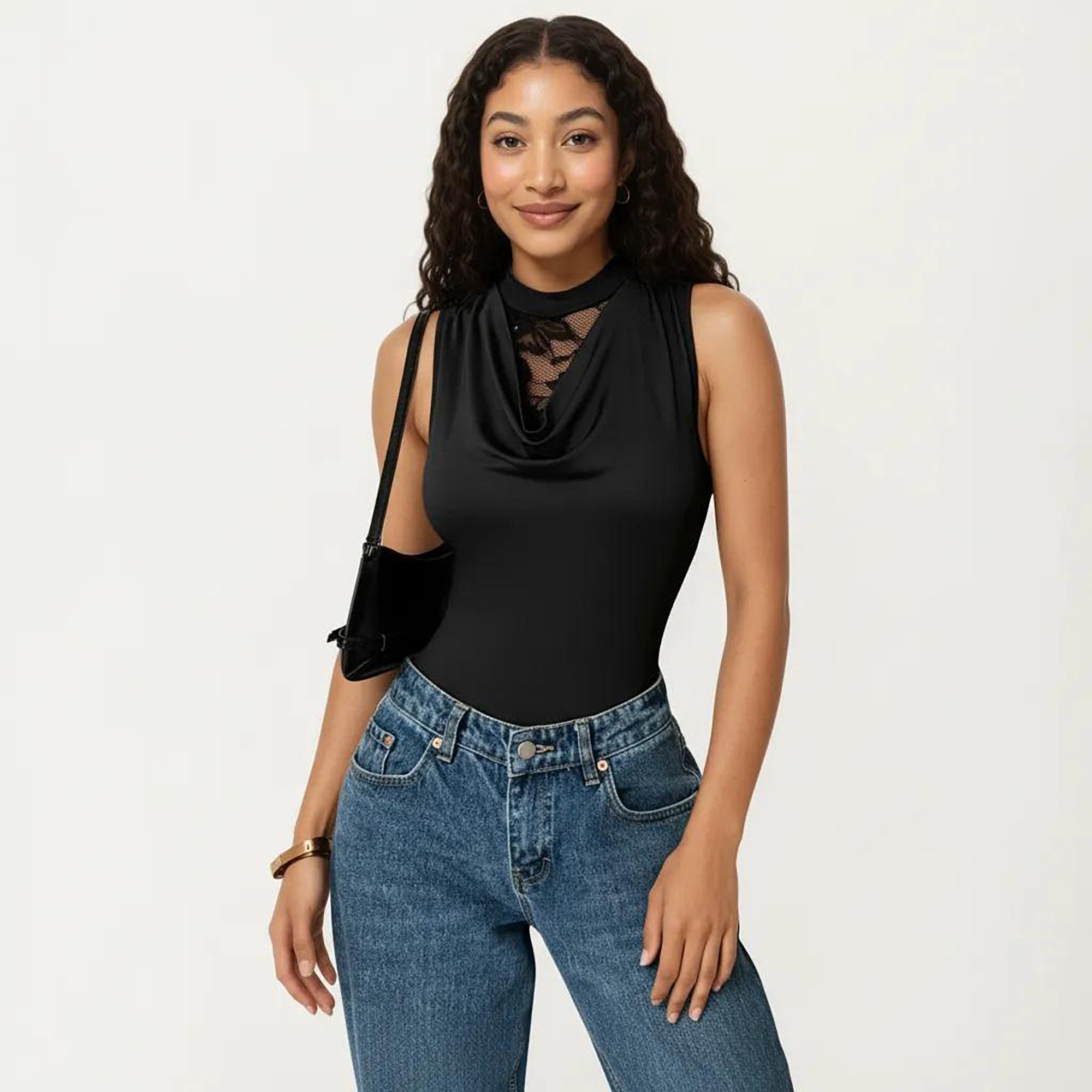 Anna-Kaci Women's Sleeveless Bodysuit with Lace Inset Mock Neck and Draped Front Detail