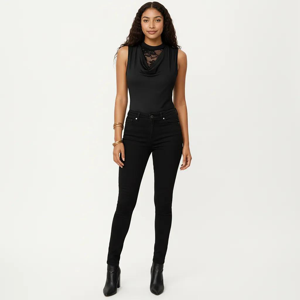 Anna-Kaci Women's Sleeveless Bodysuit with Lace Inset Mock Neck and Draped Front Detail
