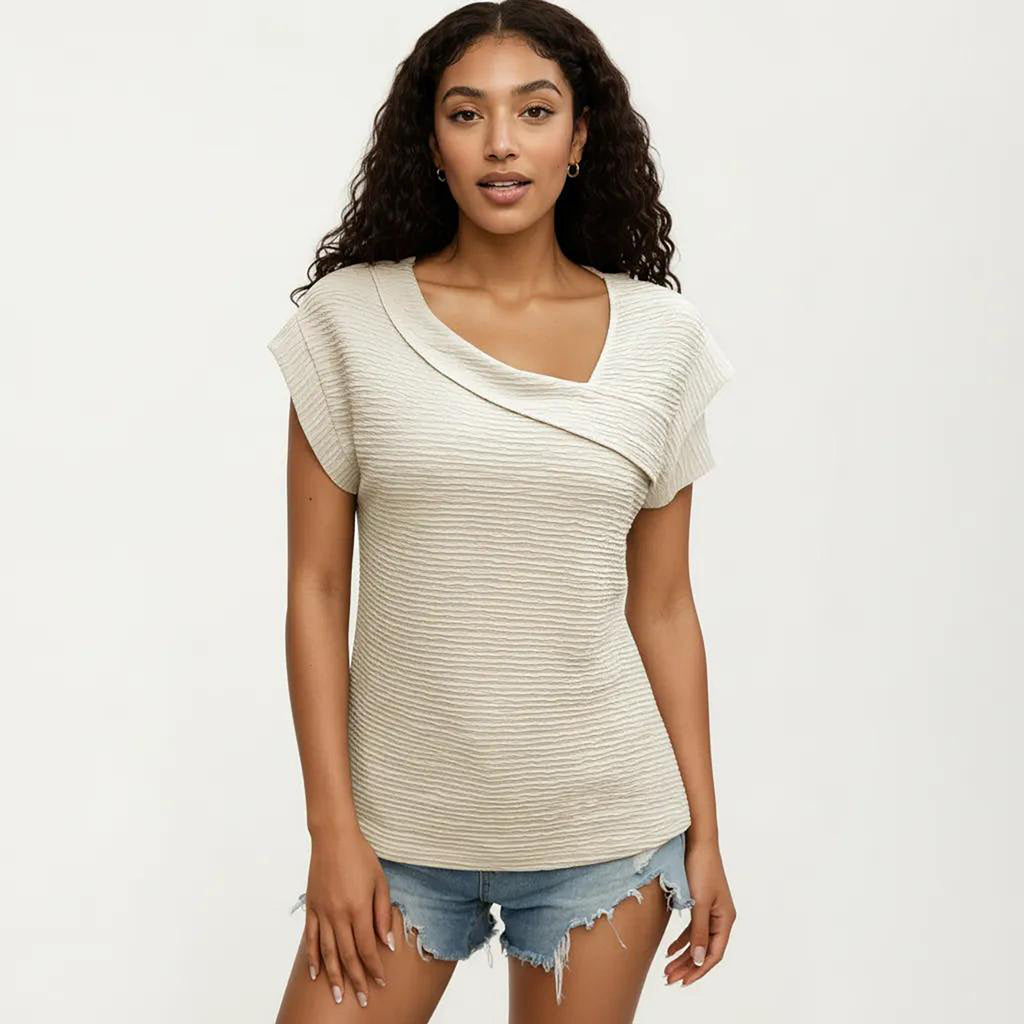 Anna-Kaci Women's Short Sleeve Textured Knit Top with Asymmetrical V-Neckline and Soft Draped Shoulder Detail