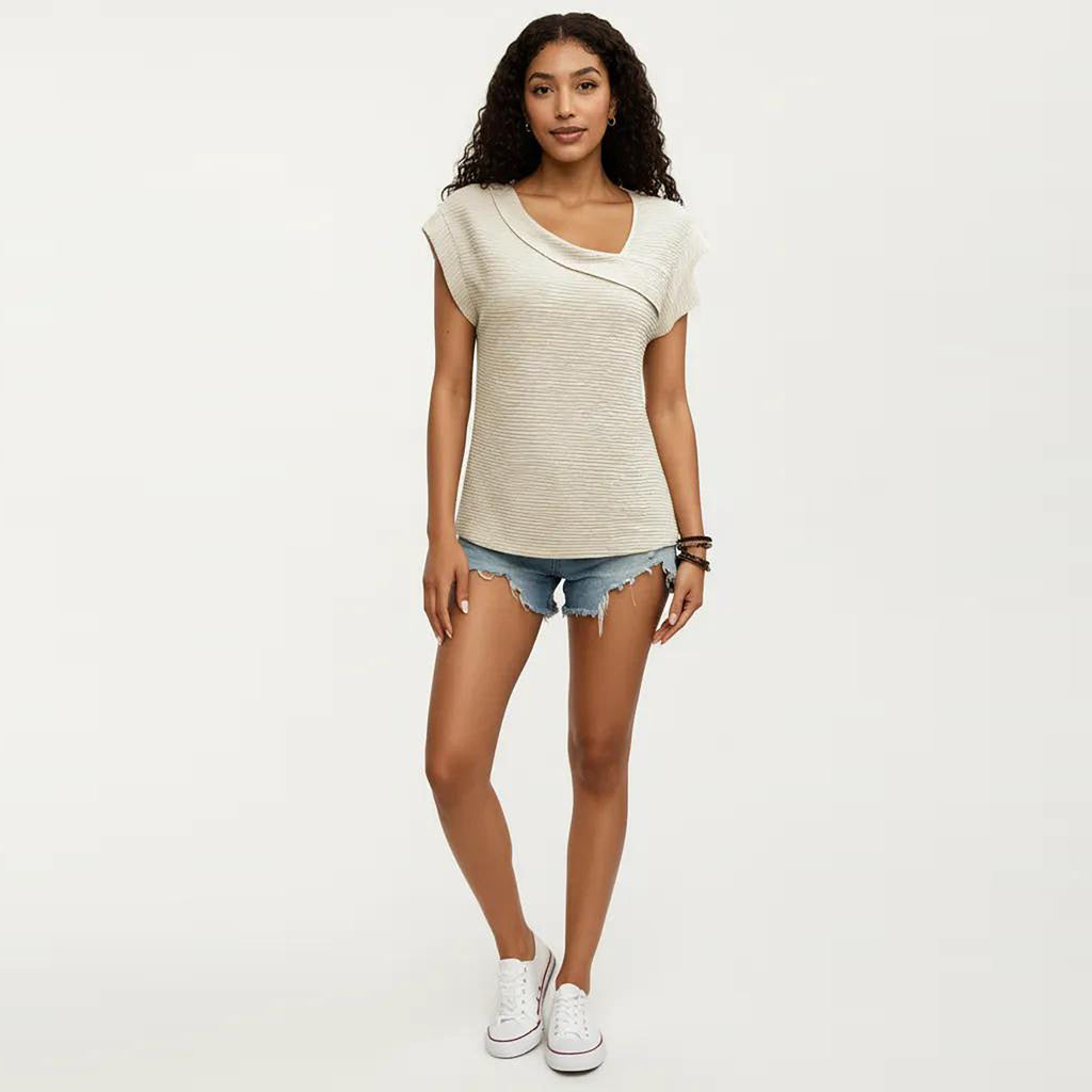 Anna-Kaci Women's Short Sleeve Textured Knit Top with Asymmetrical V-Neckline and Soft Draped Shoulder Detail