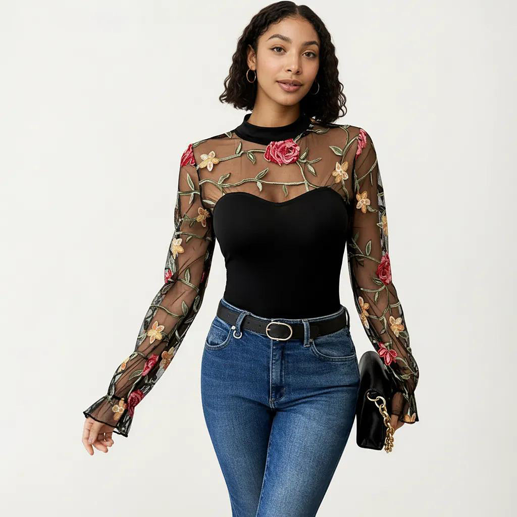 Anna-Kaci Women's Long Sleeve Mesh Bodysuit with Embroidered Floral Sheer Overlay and Fitted Sweetheart Silhouette