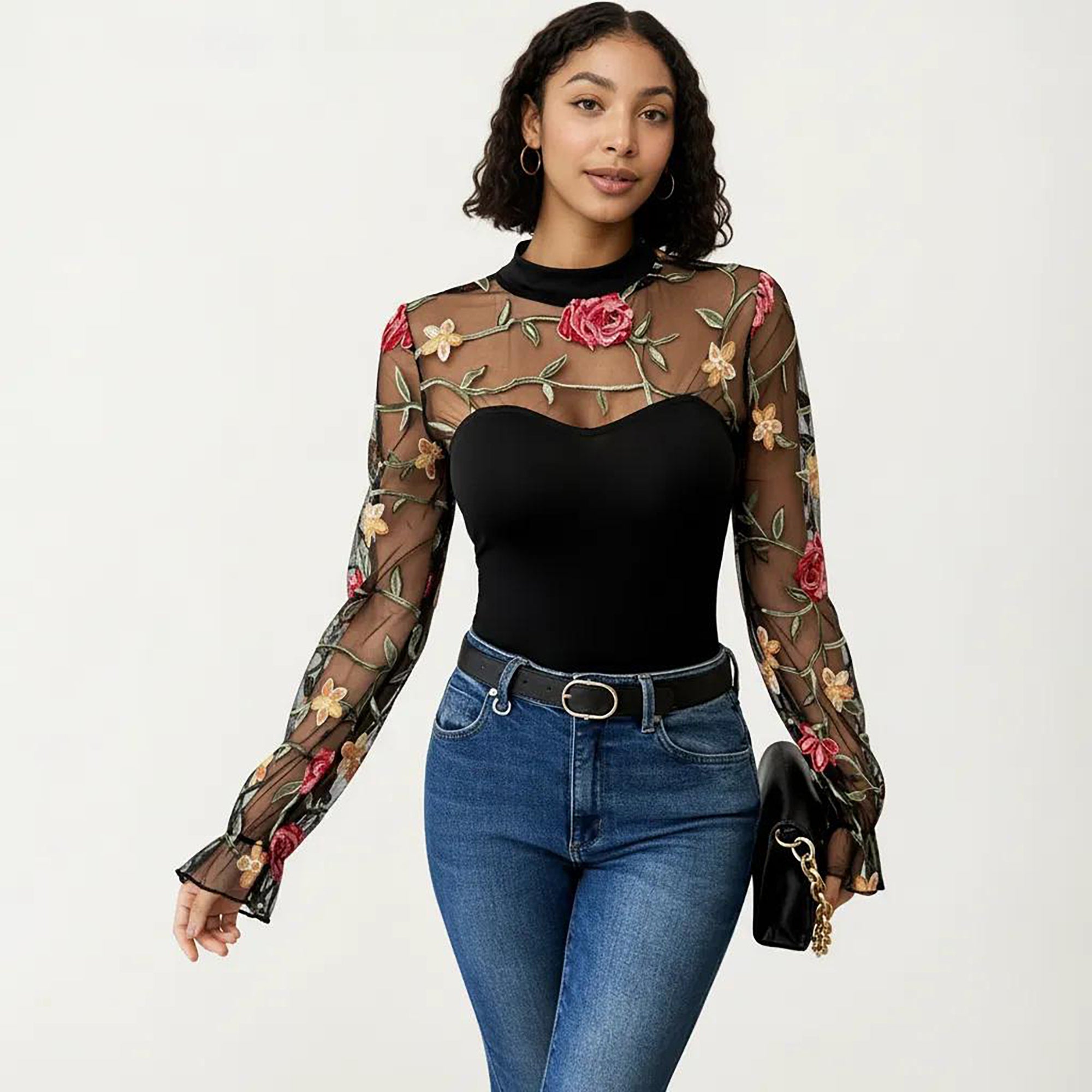 Anna-Kaci Women's Long Sleeve Mesh Bodysuit with Embroidered Floral Sheer Overlay and Fitted Sweetheart Silhouette