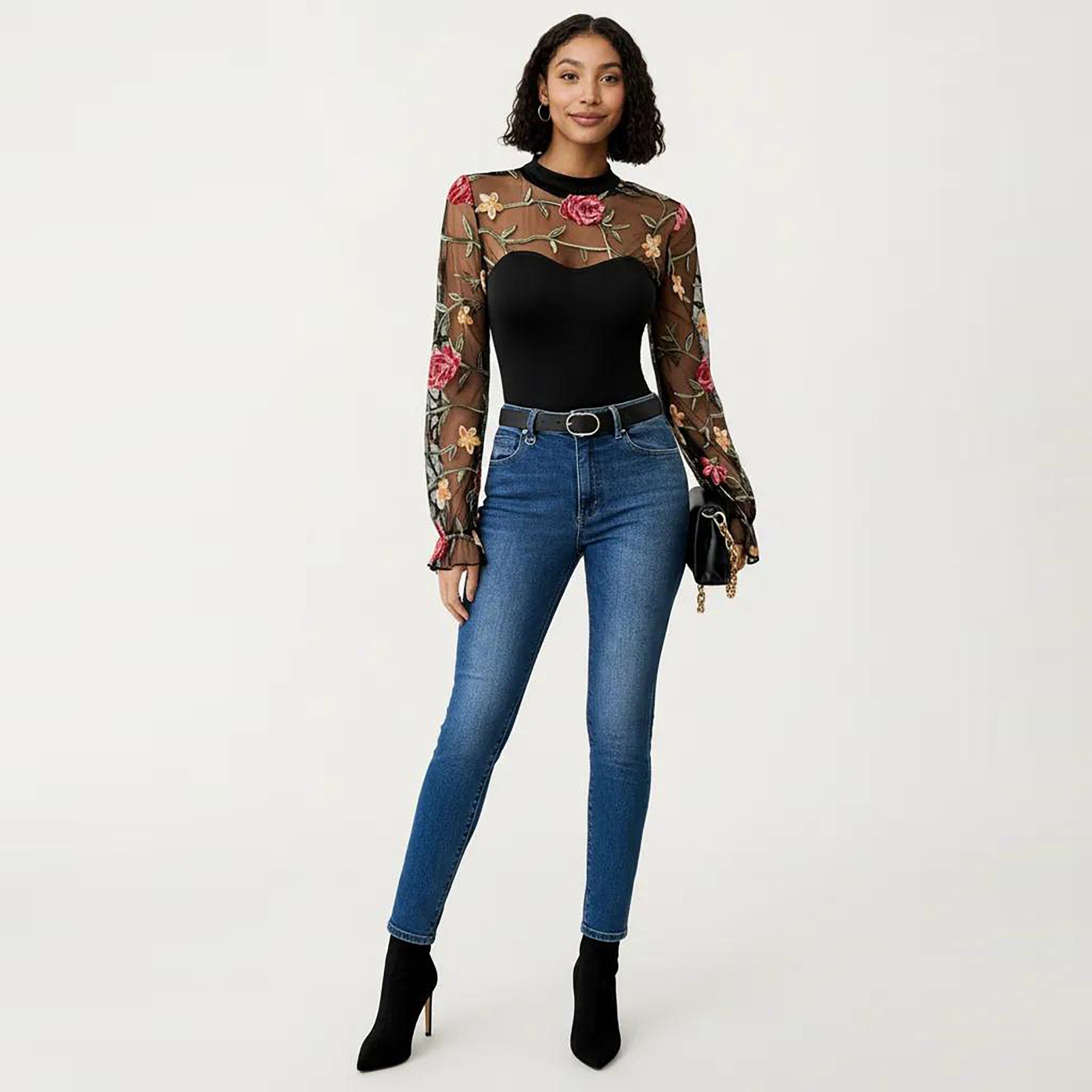 Anna-Kaci Women's Long Sleeve Mesh Bodysuit with Embroidered Floral Sheer Overlay and Fitted Sweetheart Silhouette