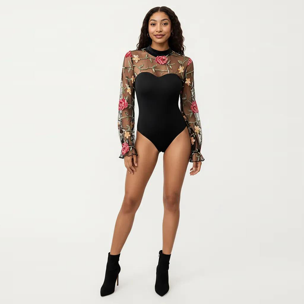 Anna-Kaci Women's Long Sleeve Mesh Bodysuit with Embroidered Floral Sheer Overlay and Fitted Sweetheart Silhouette