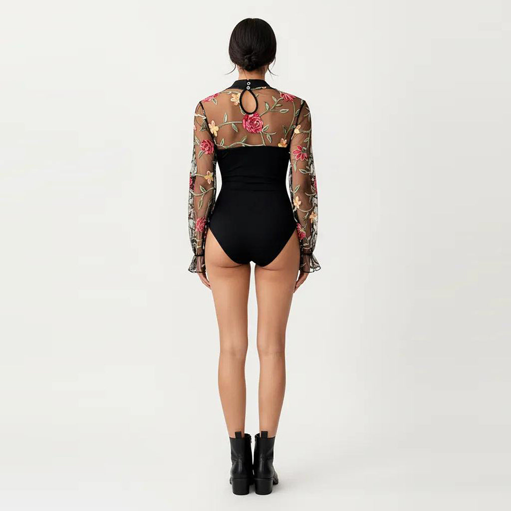 Anna-Kaci Women's Long Sleeve Mesh Bodysuit with Embroidered Floral Sheer Overlay and Fitted Sweetheart Silhouette