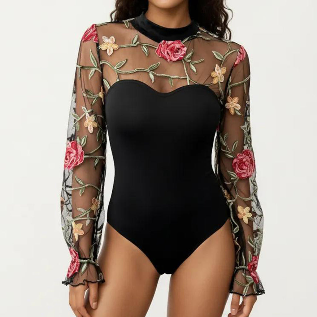 Anna-Kaci Women's Long Sleeve Mesh Bodysuit with Embroidered Floral Sheer Overlay and Fitted Sweetheart Silhouette