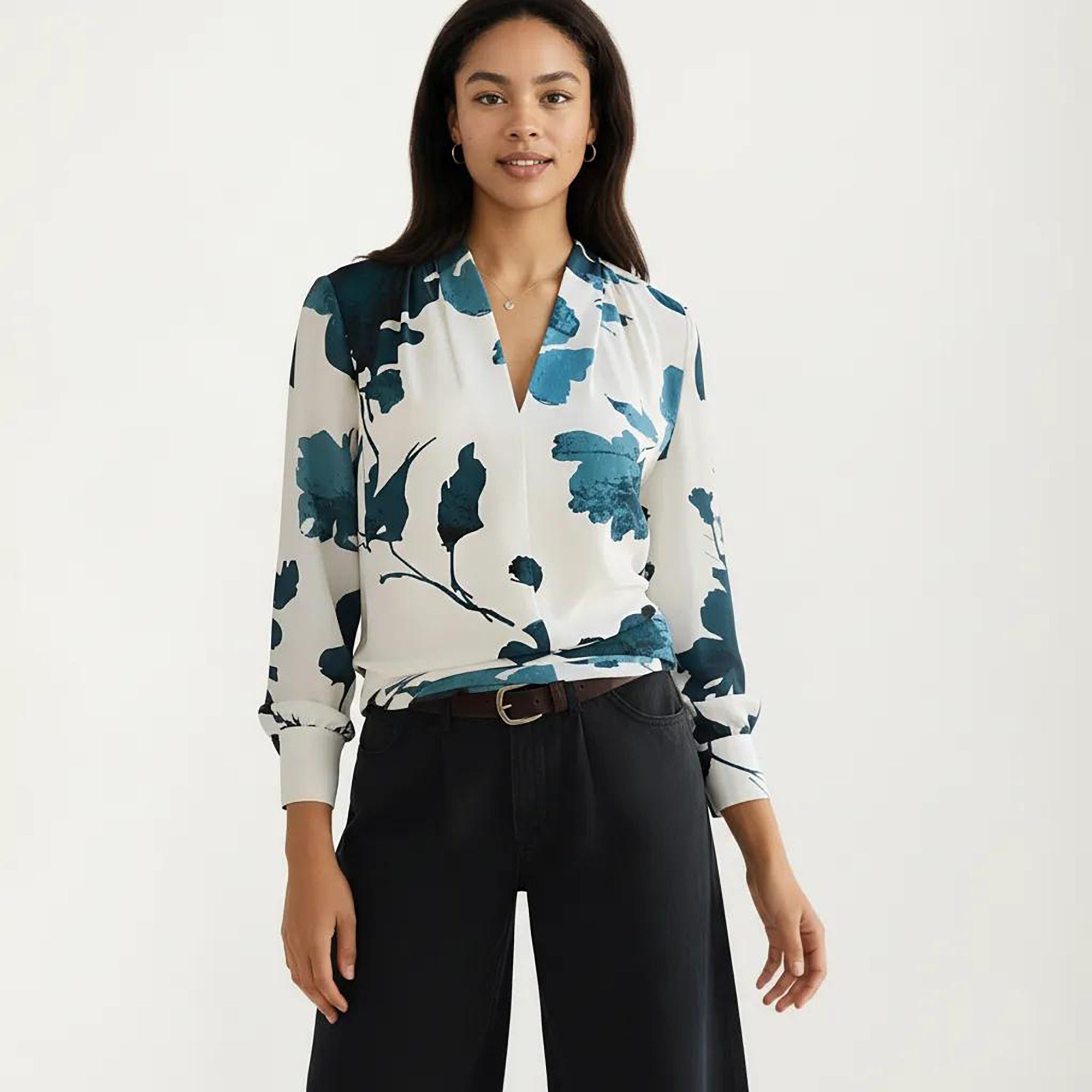 Anna-Kaci Women's Floral Print Long Sleeve Blouse with V Neckline and Soft Draped Fit