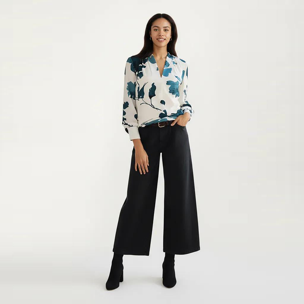 Anna-Kaci Women's Floral Print Long Sleeve Blouse with V Neckline and Soft Draped Fit