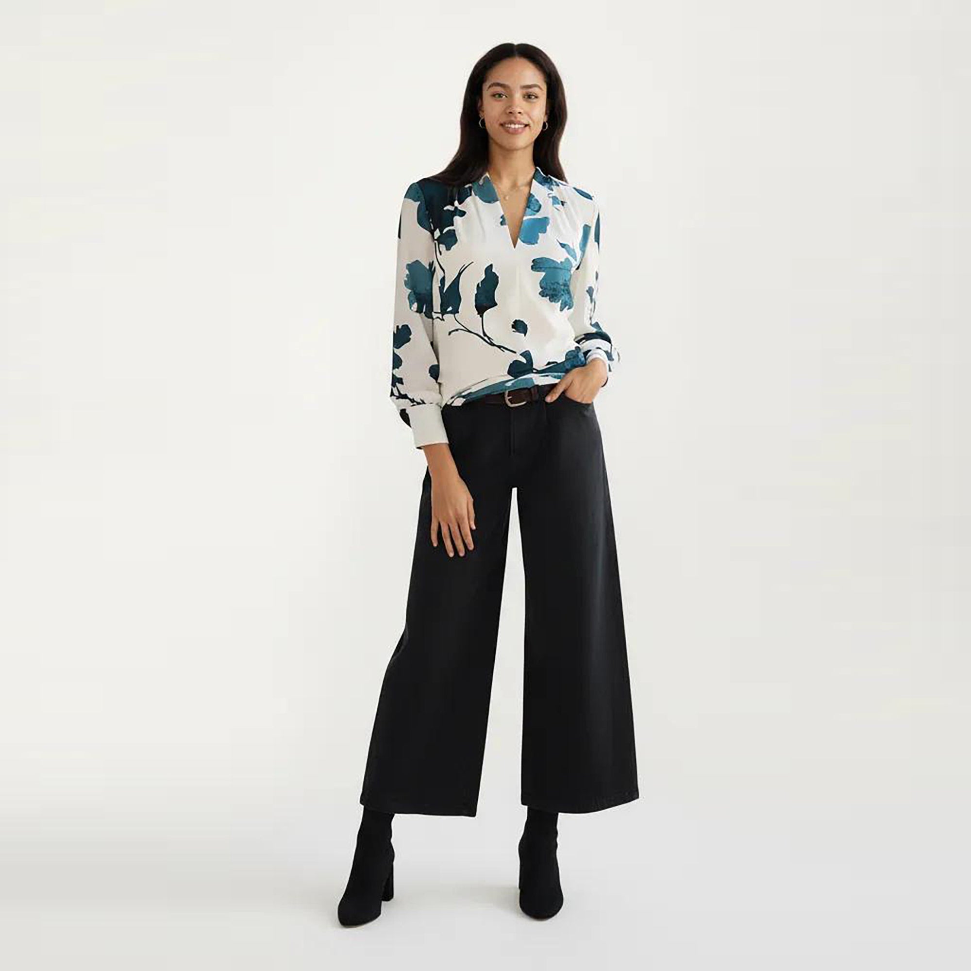 Anna-Kaci Women's Floral Print Long Sleeve Blouse with V Neckline and Soft Draped Fit