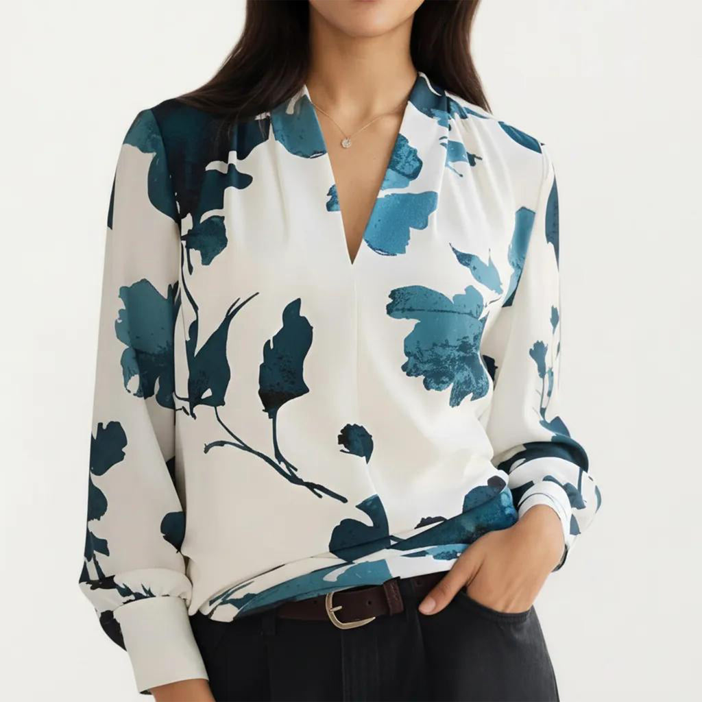 Anna-Kaci Women's Floral Print Long Sleeve Blouse with V Neckline and Soft Draped Fit