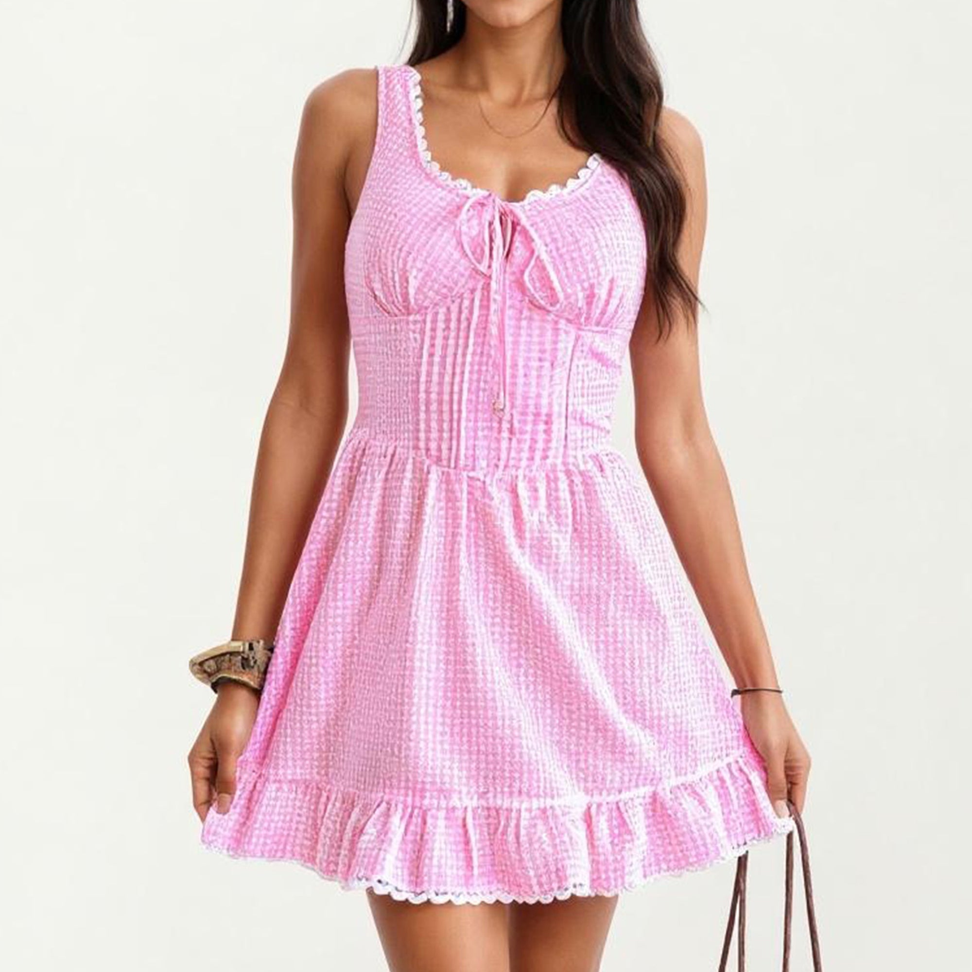 Anna-Kaci Women's Sleeveless Smocked Mini Dress with Tie Front Bodice and Ruffled Hem