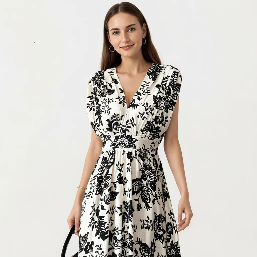 Anna-Kaci Women's V Neck Maxi Dress with Floral Print and Flutter Sleeves