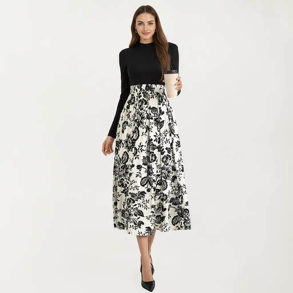 Anna-Kaci Women's Long Sleeve Mixed Media Midi Dress with Floral Skirt and Fitted Bodice