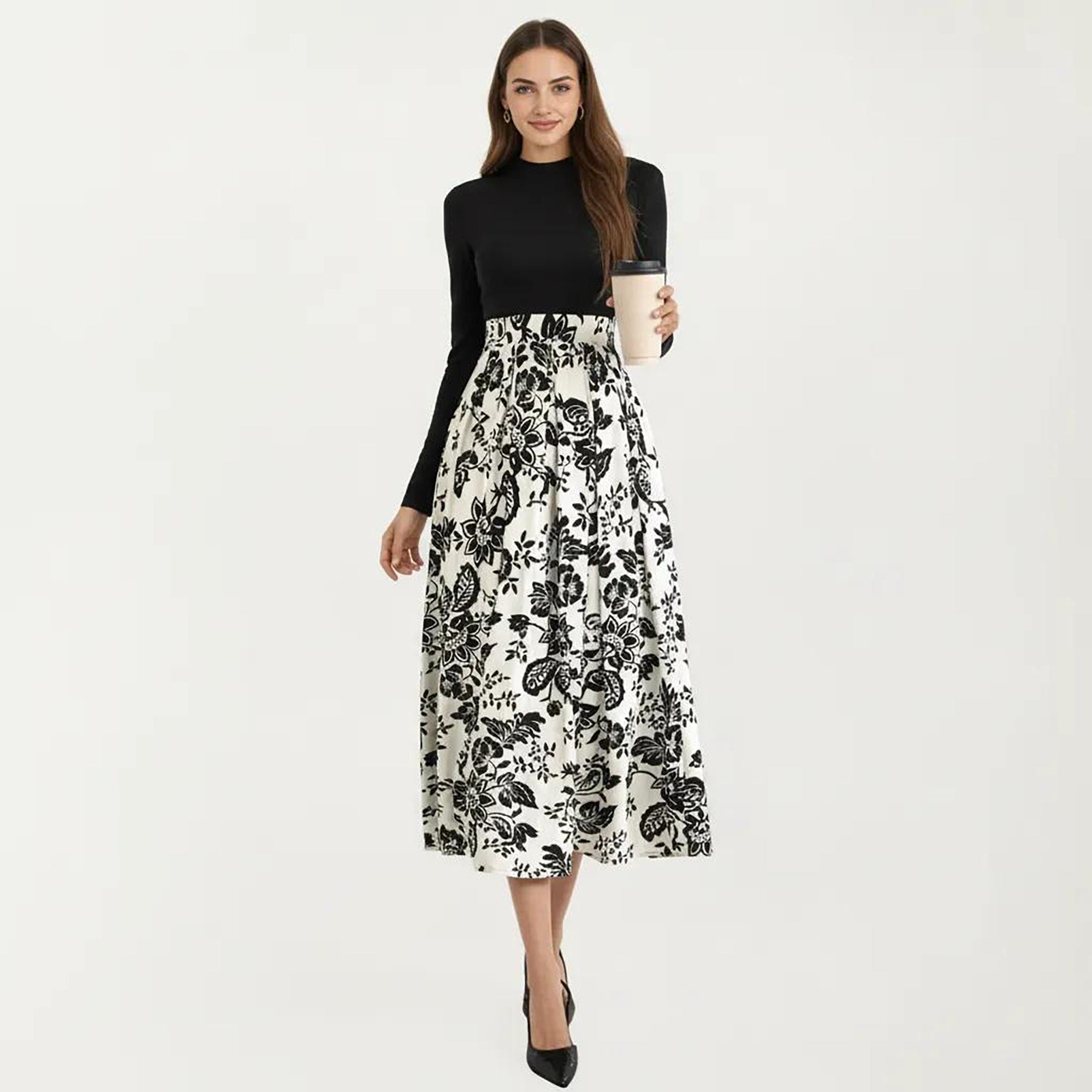 Anna-Kaci Women's Long Sleeve Mixed Media Midi Dress with Floral Skirt and Fitted Bodice