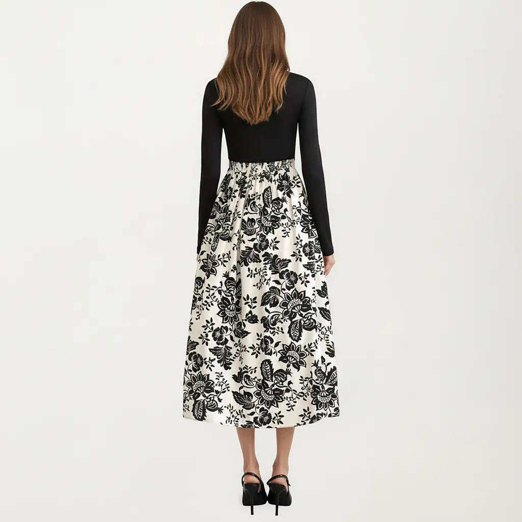 Anna-Kaci Women's Long Sleeve Mixed Media Midi Dress with Floral Skirt and Fitted Bodice