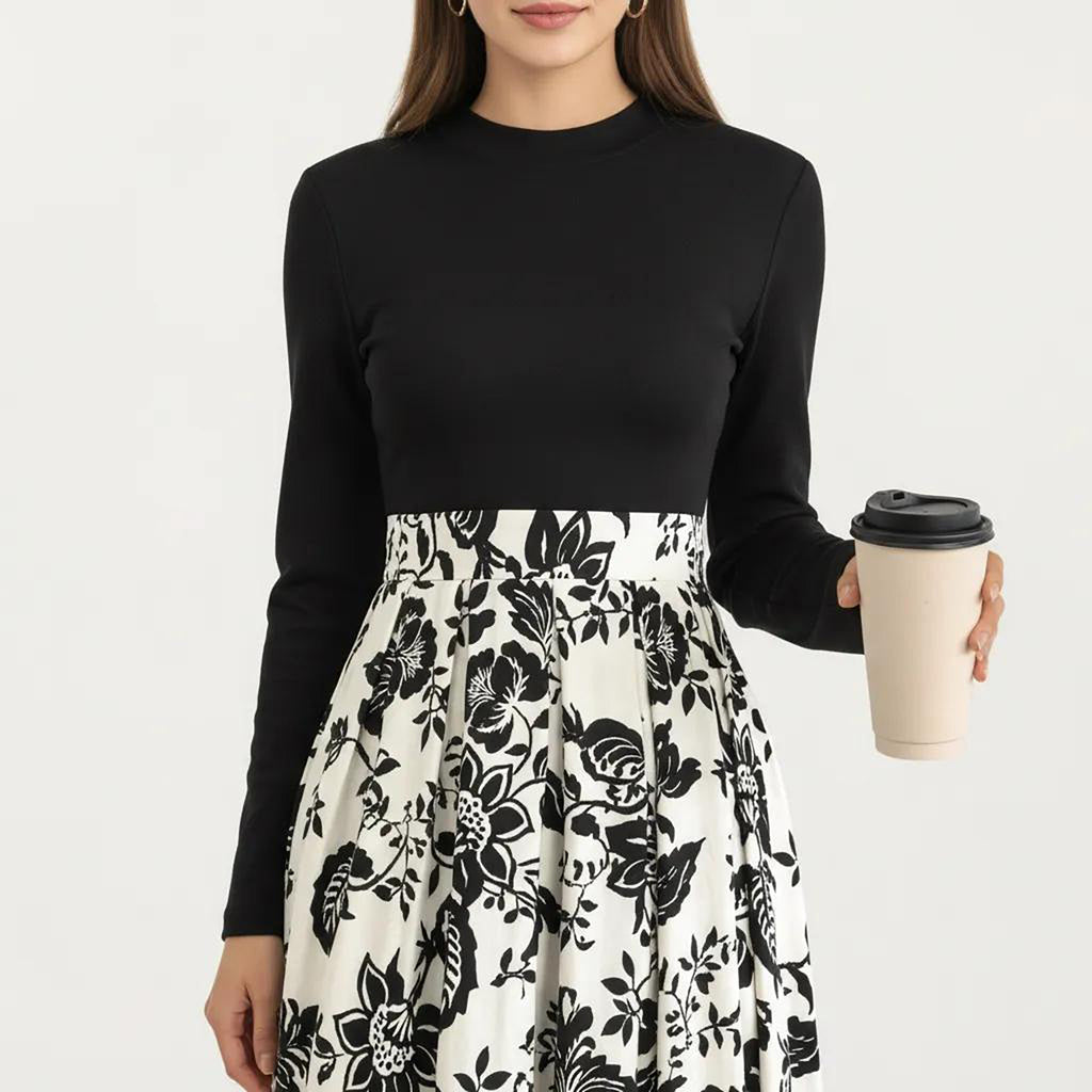 Anna-Kaci Women's Long Sleeve Mixed Media Midi Dress with Floral Skirt and Fitted Bodice