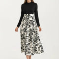 Anna-Kaci Women's Long Sleeve Mixed Media Midi Dress with Floral Skirt and Fitted Bodice