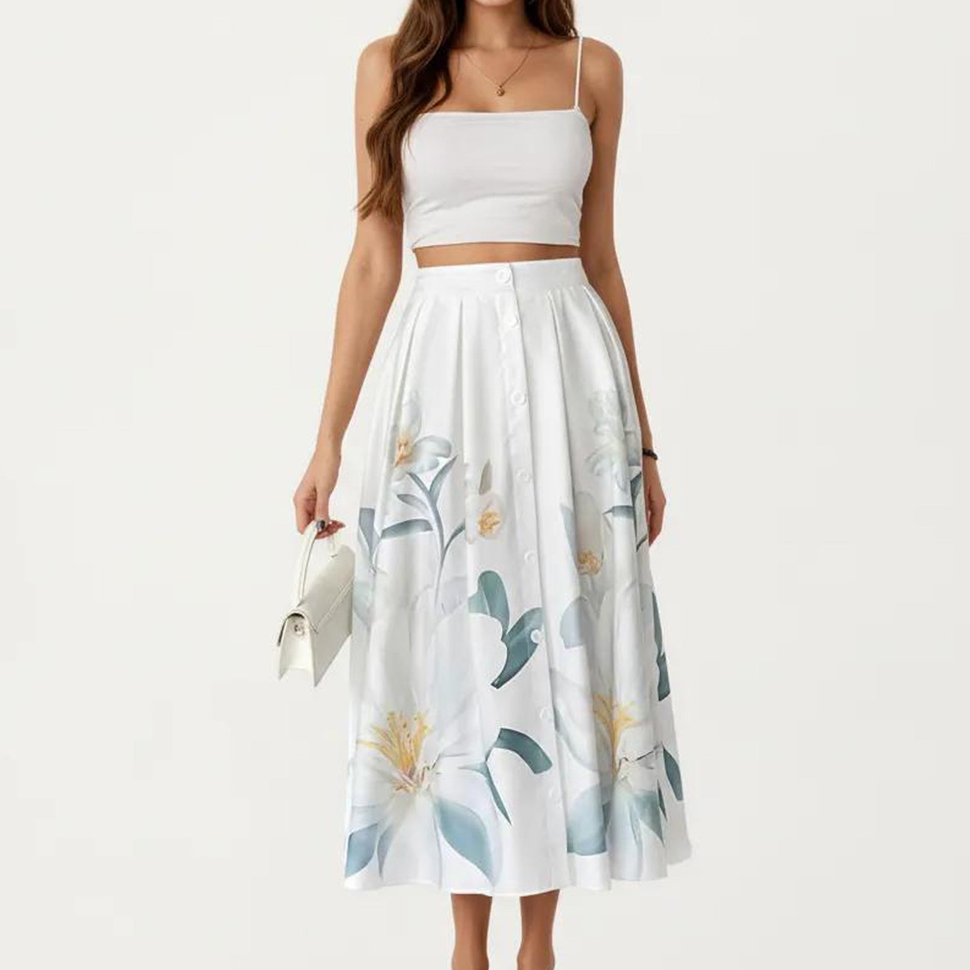 Anna-Kaci Women's High Waist Button Front Midi Skirt with Flowing A-Line Silhouette and Soft Woven Fabric