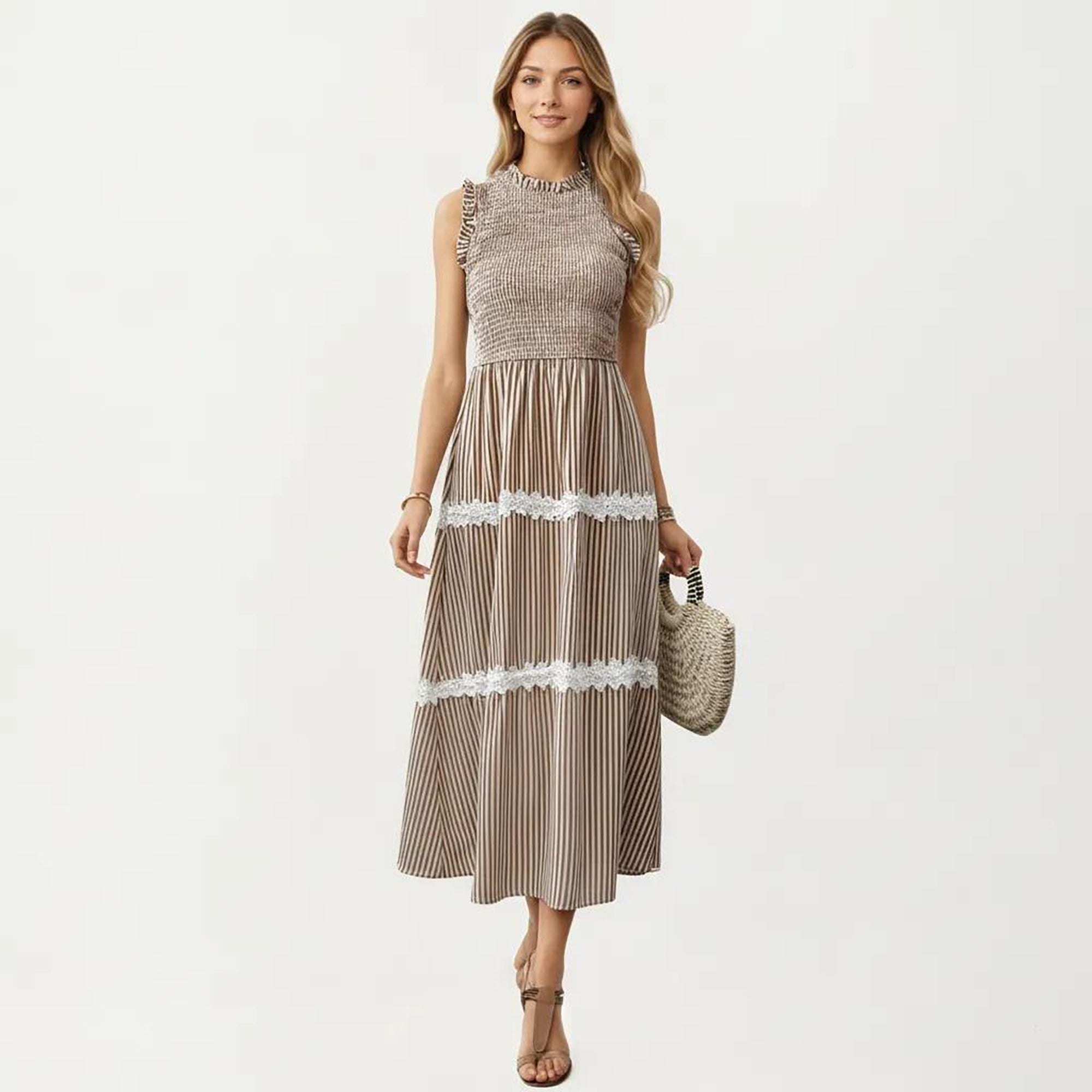 Anna-Kaci Women's Sleeveless Smocked Midi Dress with Ruffle Armholes and Lace Trim Panels