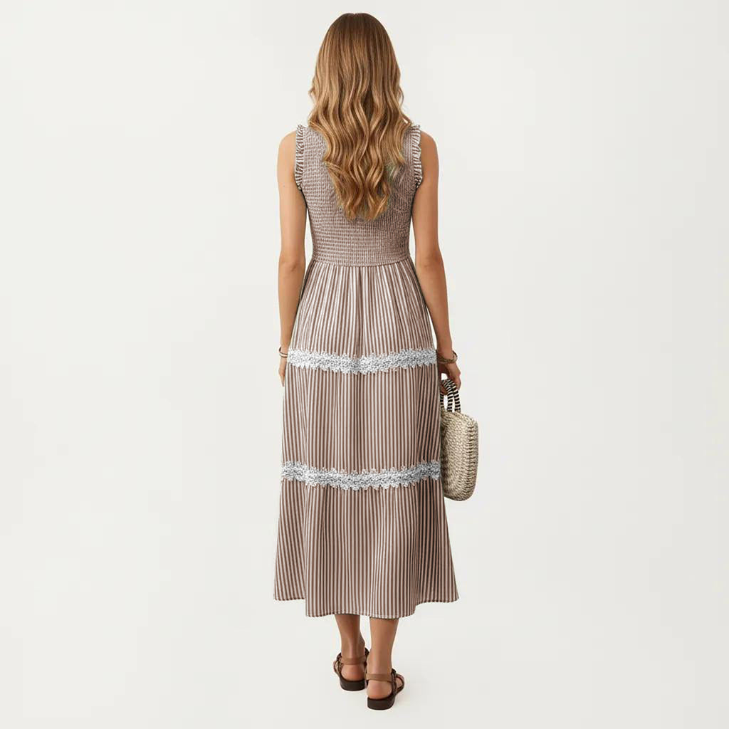 Anna-Kaci Women's Sleeveless Smocked Midi Dress with Ruffle Armholes and Lace Trim Panels