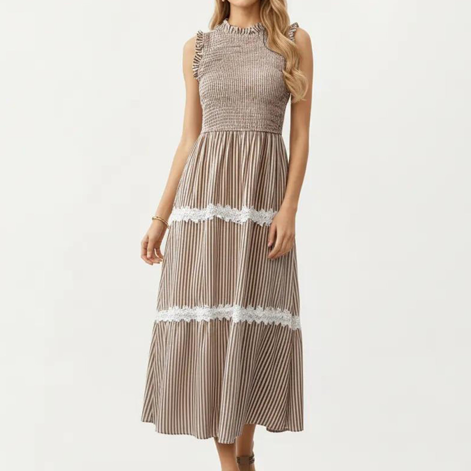 Anna-Kaci Women's Sleeveless Smocked Midi Dress with Ruffle Armholes and Lace Trim Panels