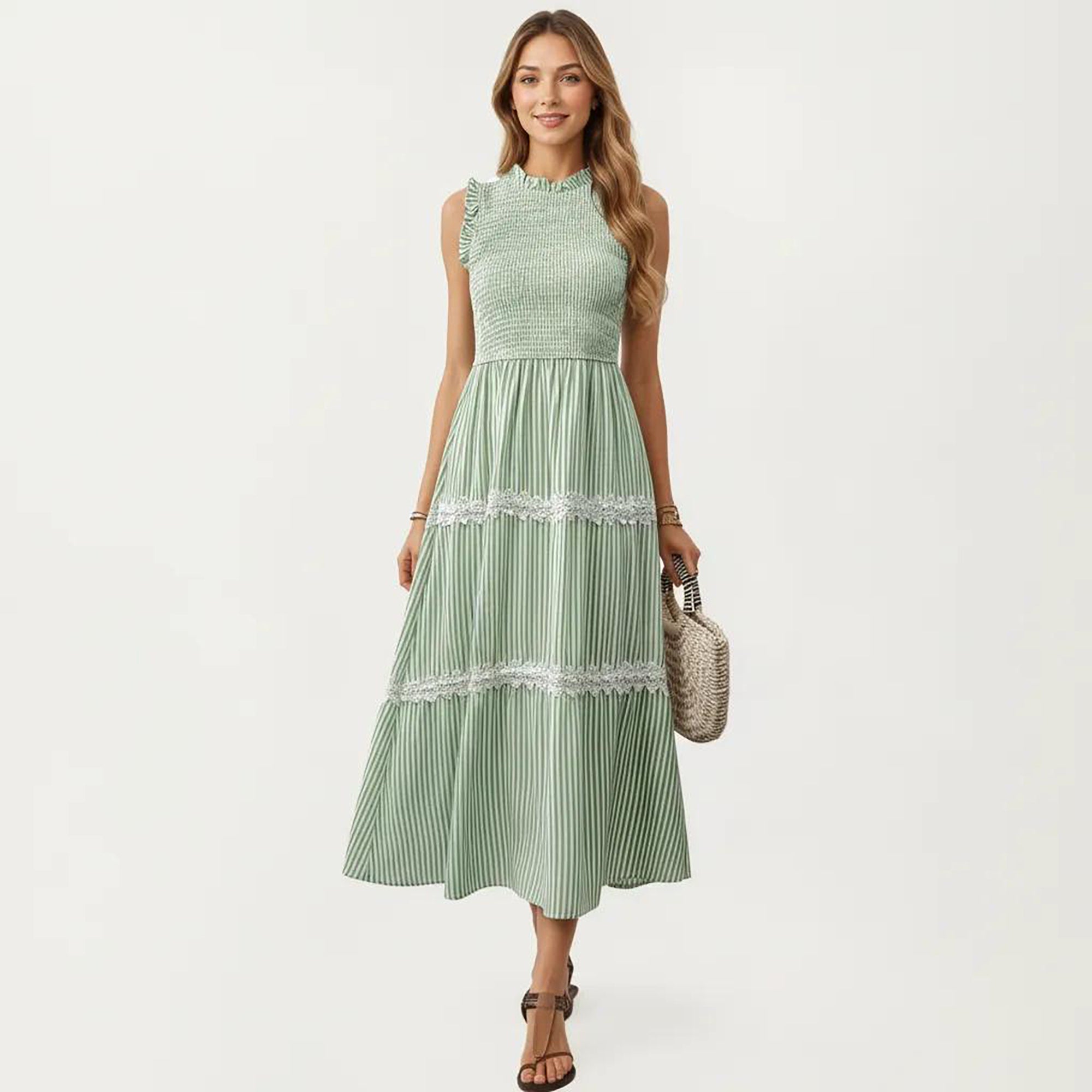 Anna-Kaci Women's Sleeveless Smocked Midi Dress with Ruffle Armholes and Lace Trim Panels