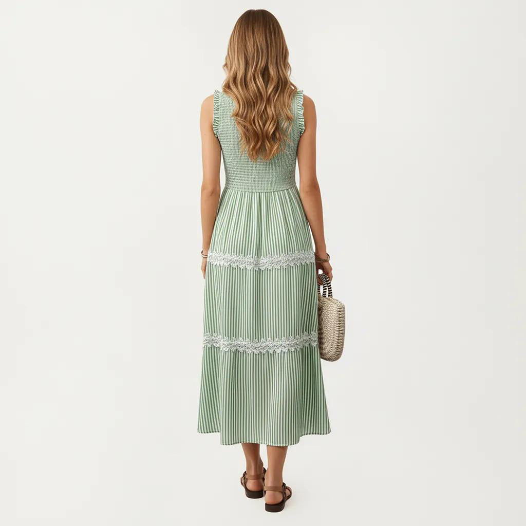 Anna-Kaci Women's Sleeveless Smocked Midi Dress with Ruffle Armholes and Lace Trim Panels