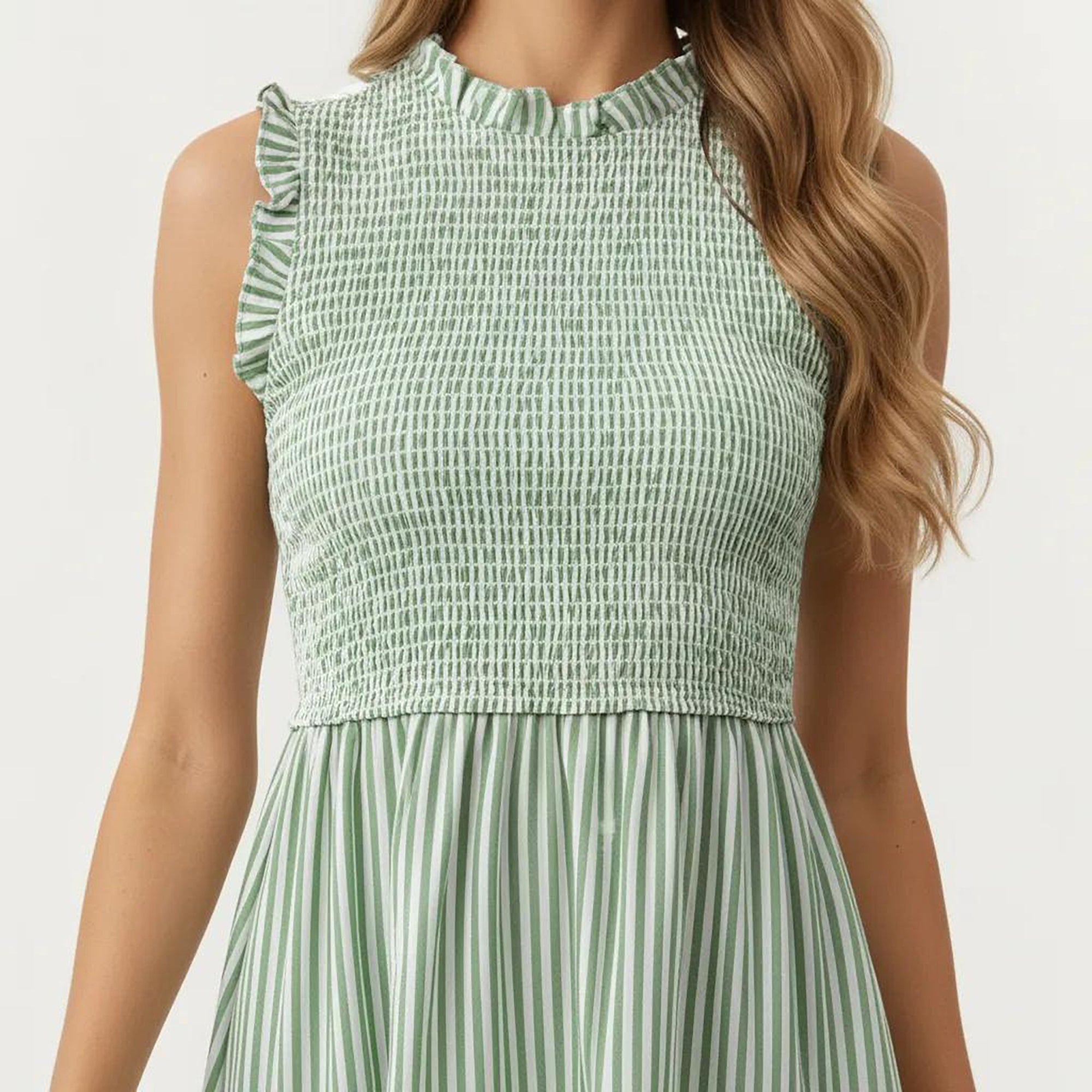 Anna-Kaci Women's Sleeveless Smocked Midi Dress with Ruffle Armholes and Lace Trim Panels
