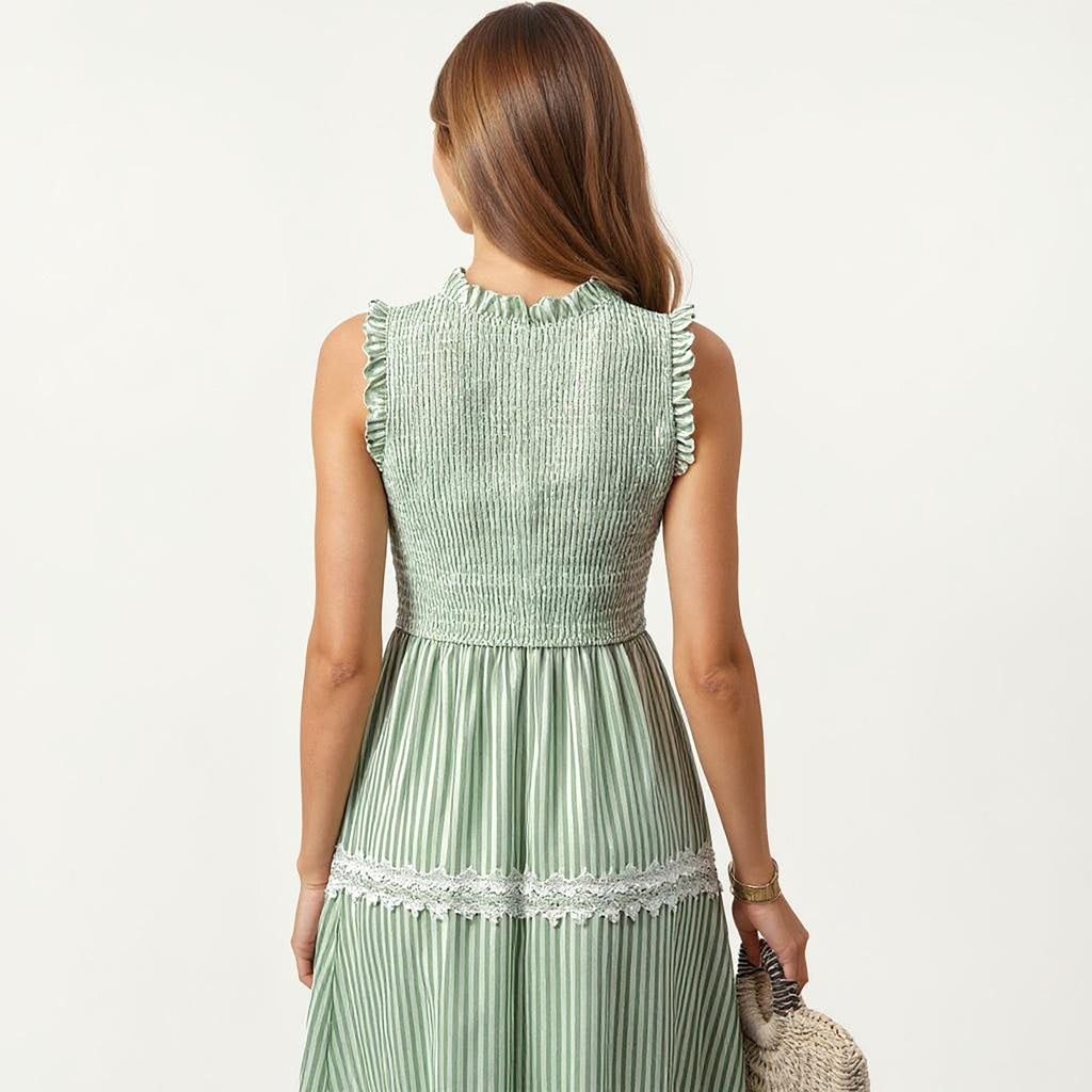 Anna-Kaci Women's Sleeveless Smocked Midi Dress with Ruffle Armholes and Lace Trim Panels