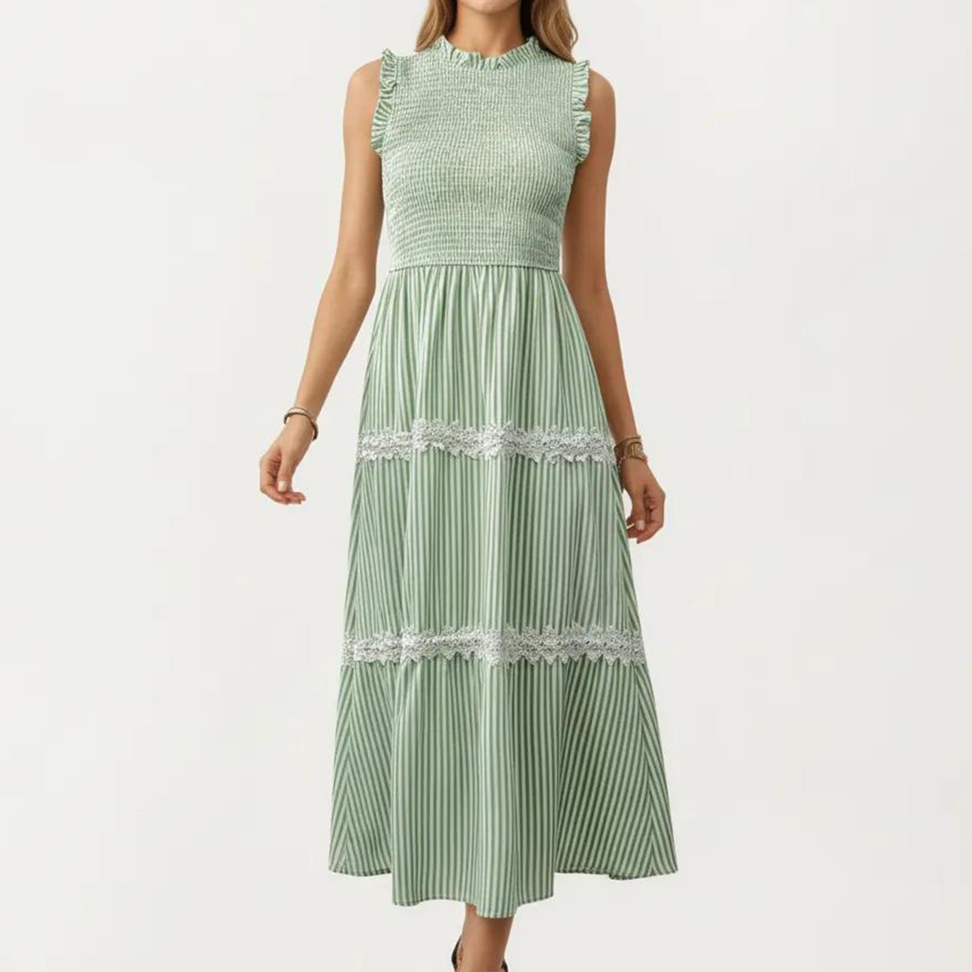 Anna-Kaci Women's Sleeveless Smocked Midi Dress with Ruffle Armholes and Lace Trim Panels