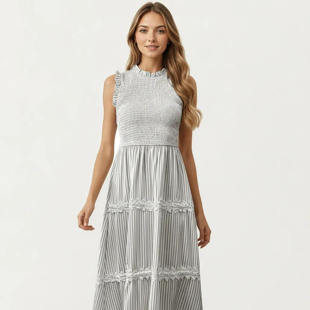 Anna-Kaci Women's Sleeveless Smocked Midi Dress with Ruffle Armholes and Lace Trim Panels