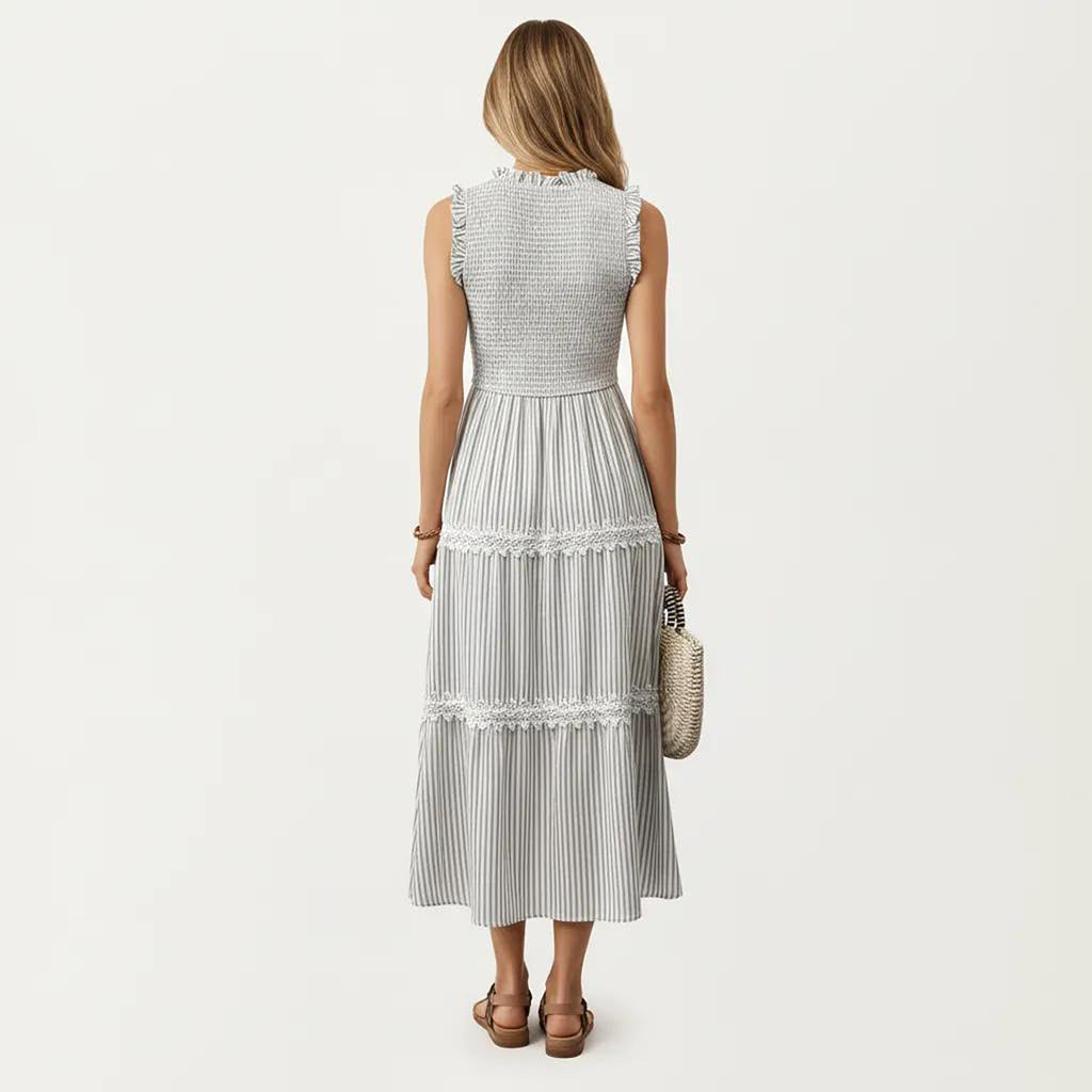 Anna-Kaci Women's Sleeveless Smocked Midi Dress with Ruffle Armholes and Lace Trim Panels