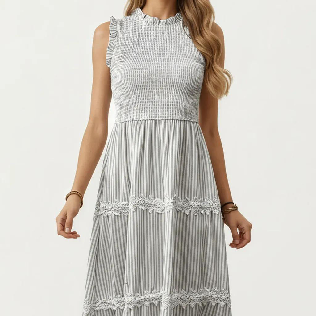 Anna-Kaci Women's Sleeveless Smocked Midi Dress with Ruffle Armholes and Lace Trim Panels