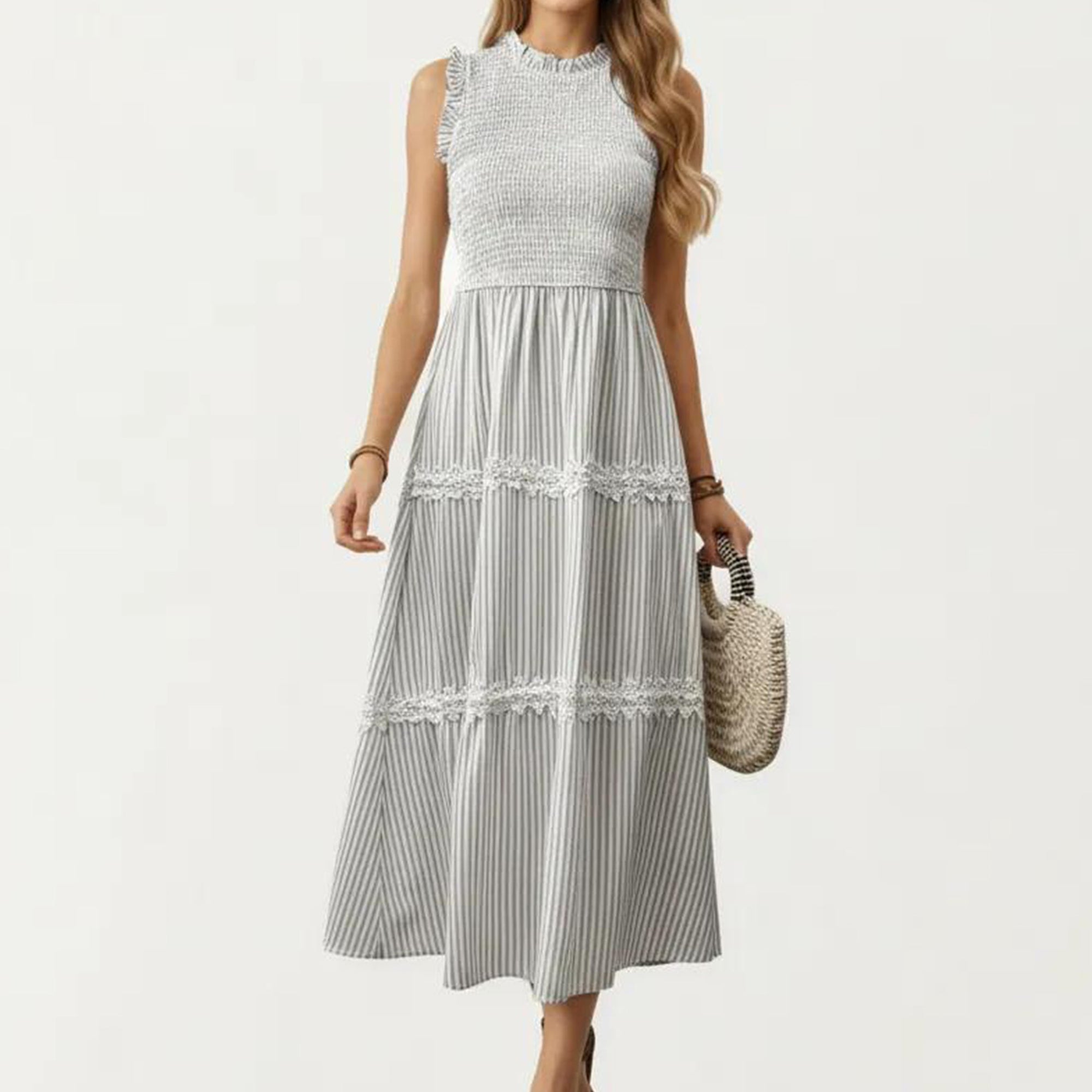 Anna-Kaci Women's Sleeveless Smocked Midi Dress with Ruffle Armholes and Lace Trim Panels