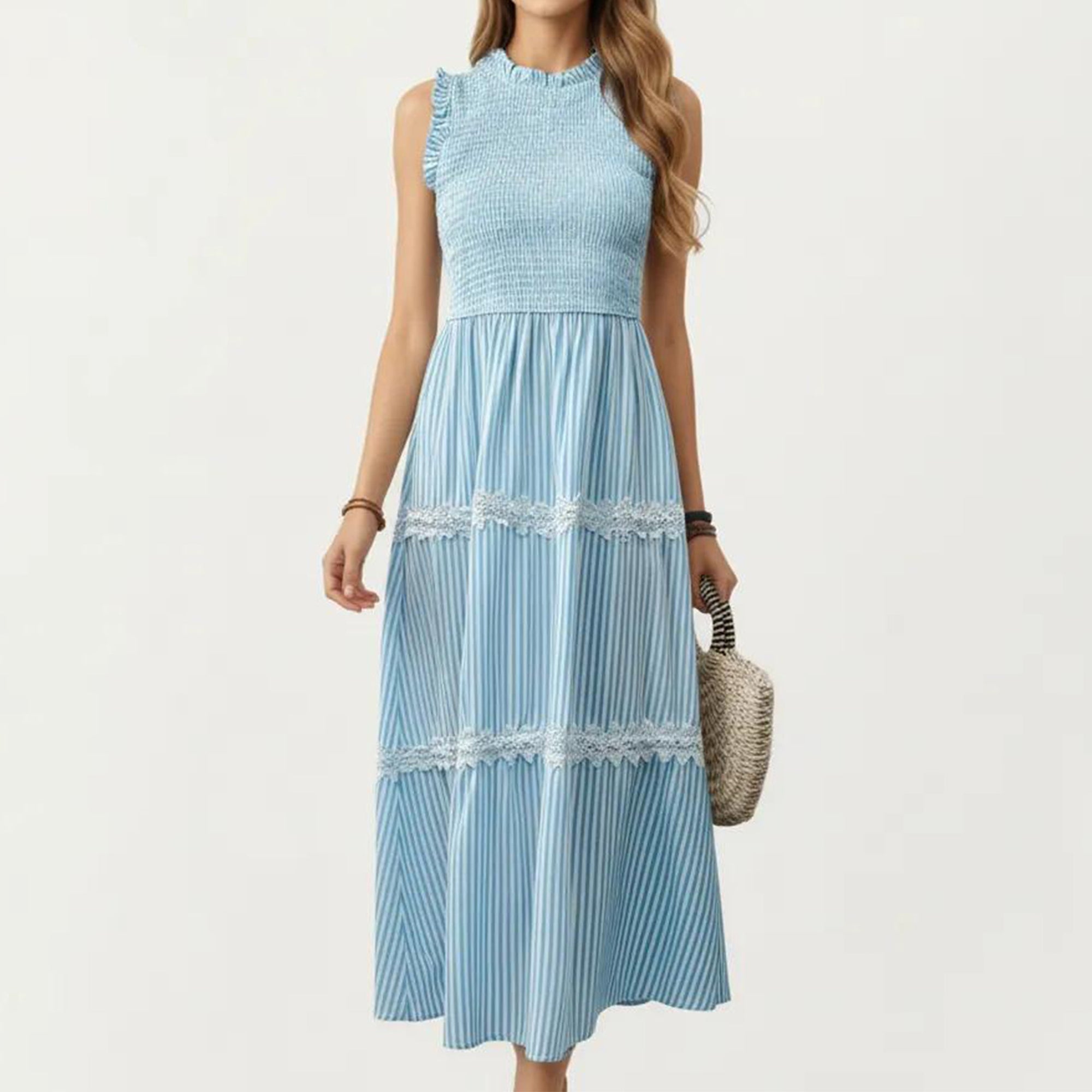 Anna-Kaci Women's Sleeveless Smocked Midi Dress with Ruffle Armholes and Lace Trim Panels