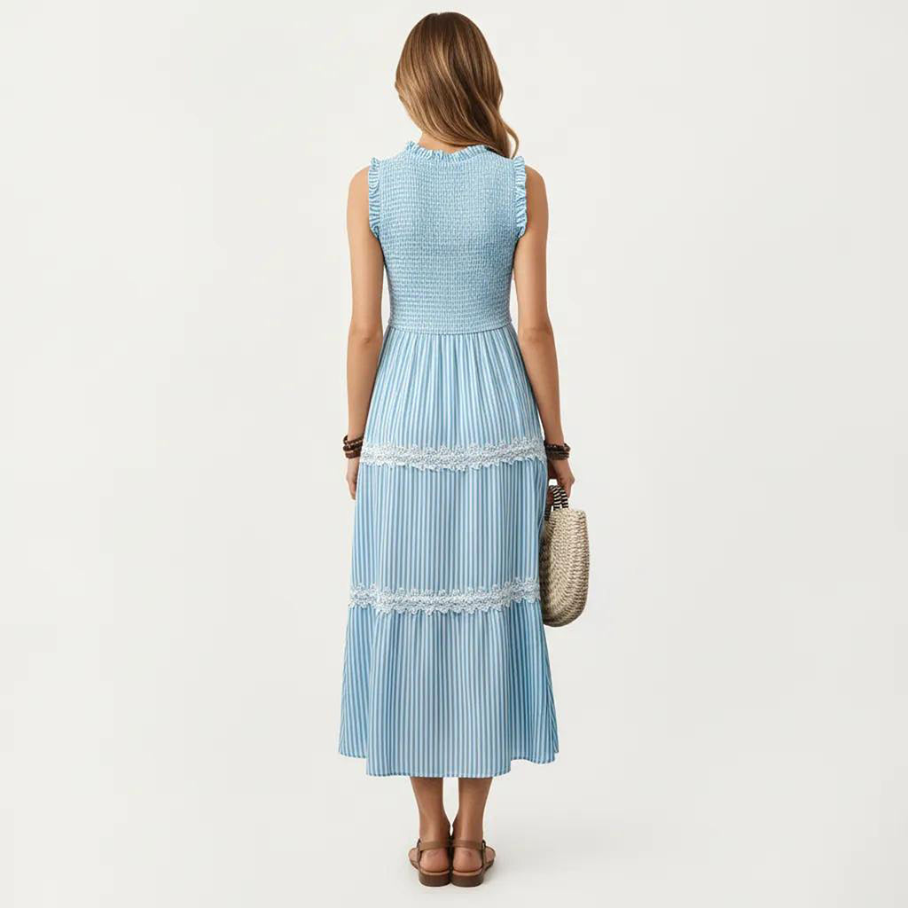 Anna-Kaci Women's Sleeveless Smocked Midi Dress with Ruffle Armholes and Lace Trim Panels