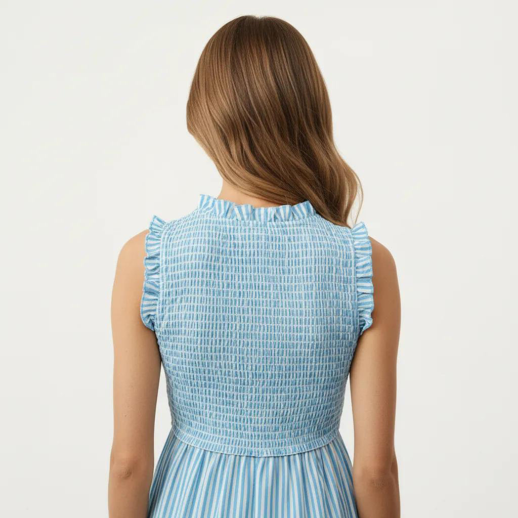 Anna-Kaci Women's Sleeveless Smocked Midi Dress with Ruffle Armholes and Lace Trim Panels