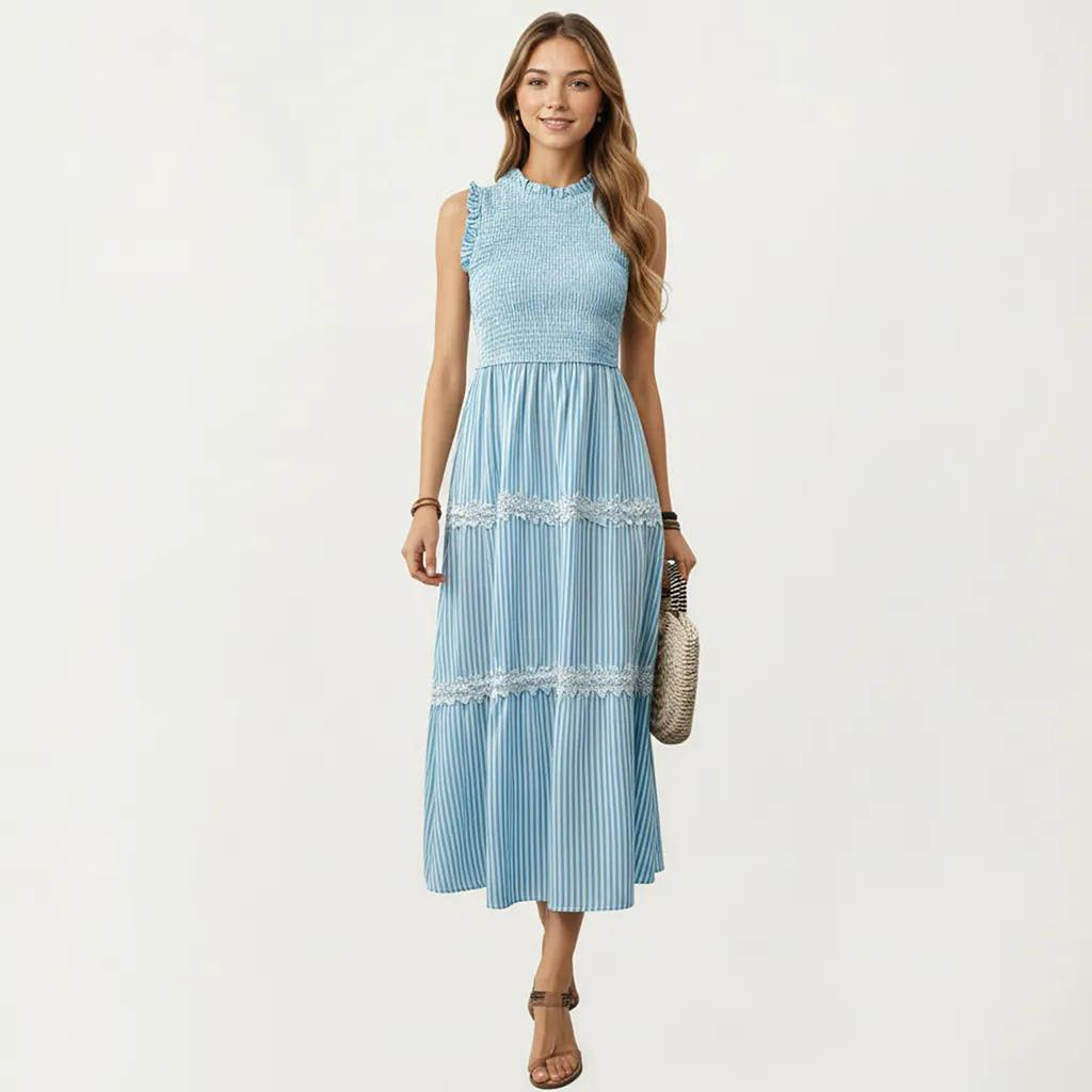Anna-Kaci Women's Sleeveless Smocked Midi Dress with Ruffle Armholes and Lace Trim Panels