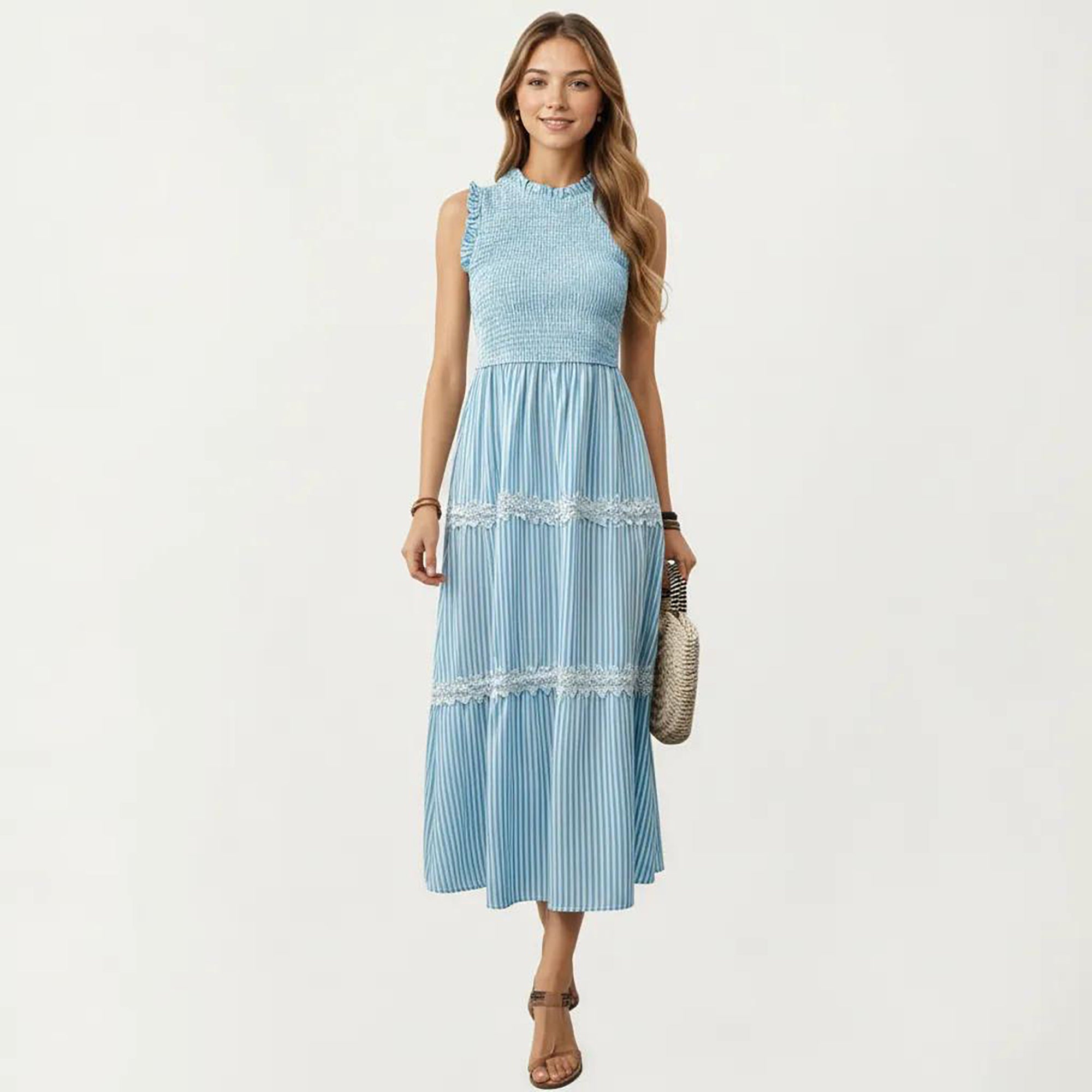 Anna-Kaci Women's Sleeveless Smocked Midi Dress with Ruffle Armholes and Lace Trim Panels