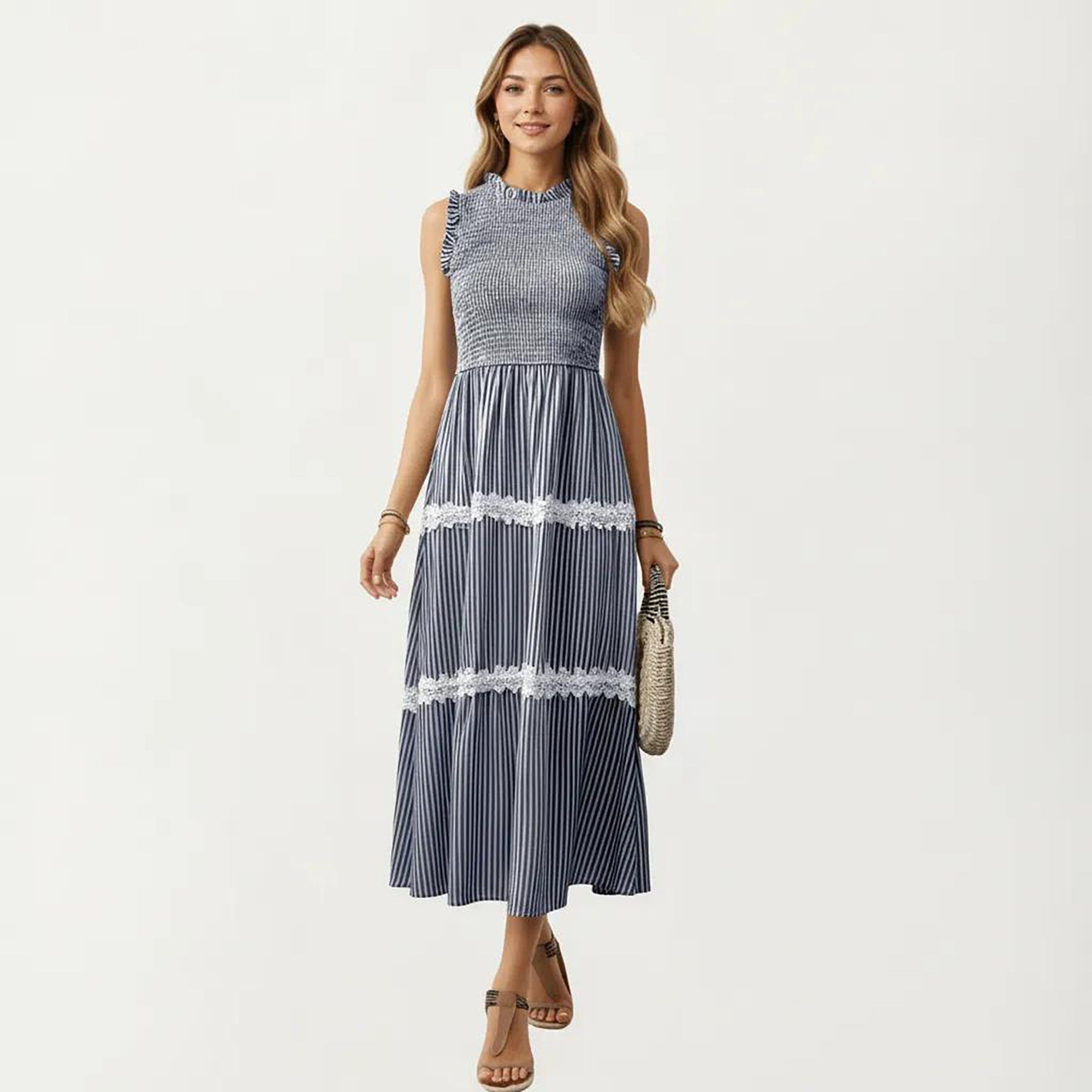 Anna-Kaci Women's Sleeveless Smocked Midi Dress with Ruffle Armholes and Lace Trim Panels