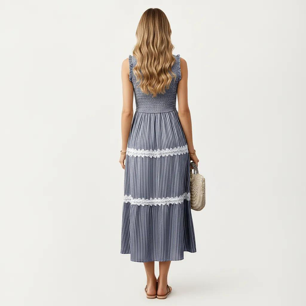 Anna-Kaci Women's Sleeveless Smocked Midi Dress with Ruffle Armholes and Lace Trim Panels