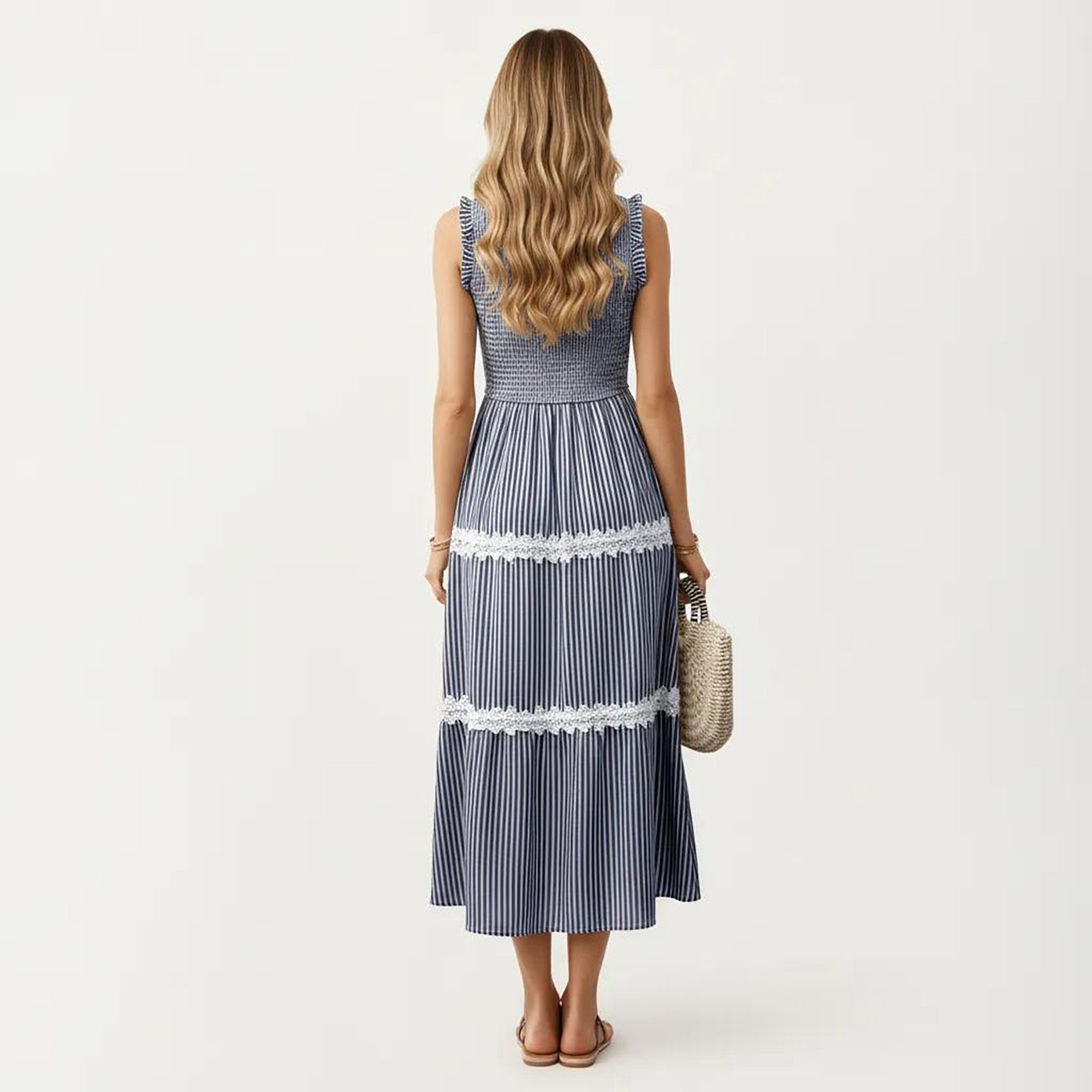 Anna-Kaci Women's Sleeveless Smocked Midi Dress with Ruffle Armholes and Lace Trim Panels
