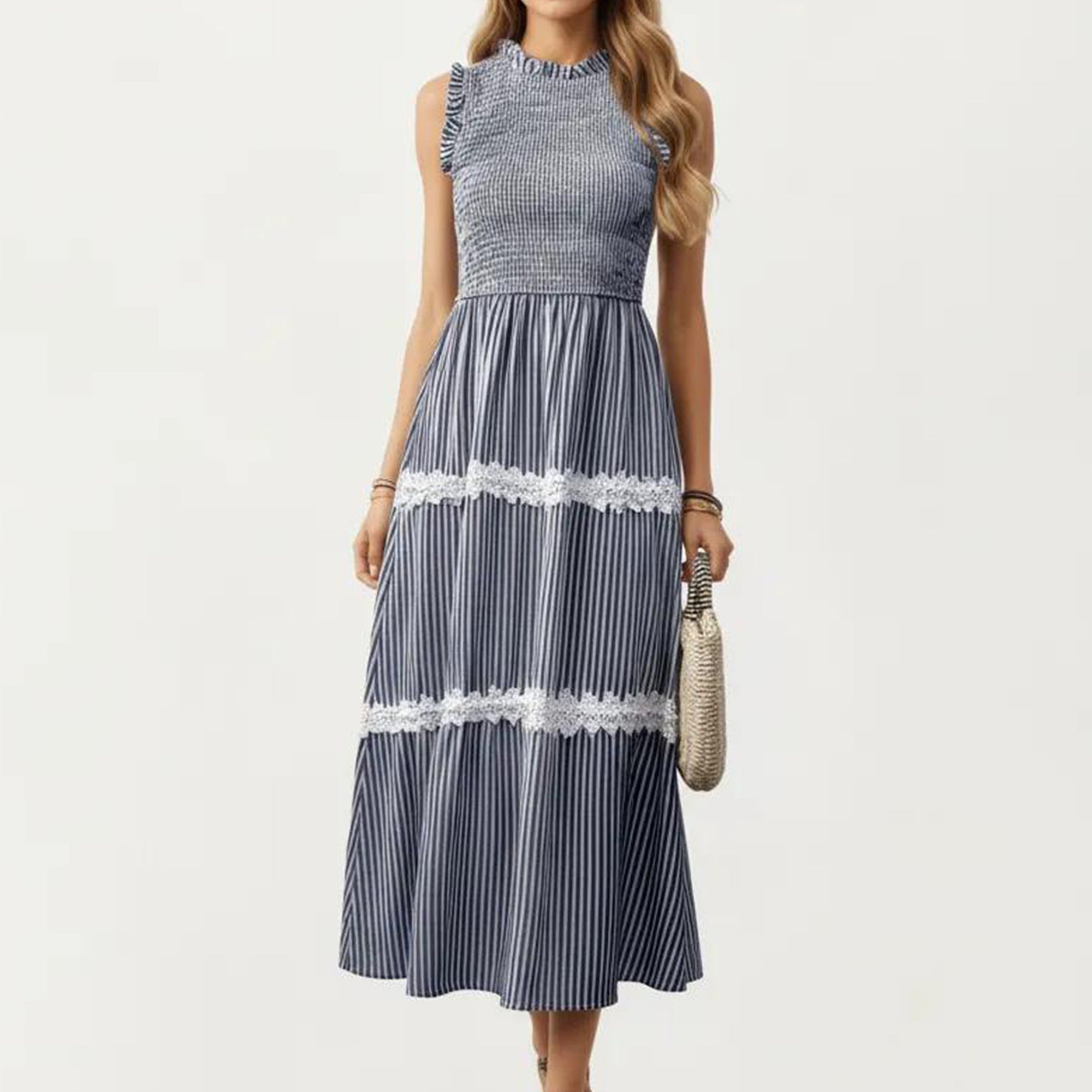 Anna-Kaci Women's Sleeveless Smocked Midi Dress with Ruffle Armholes and Lace Trim Panels